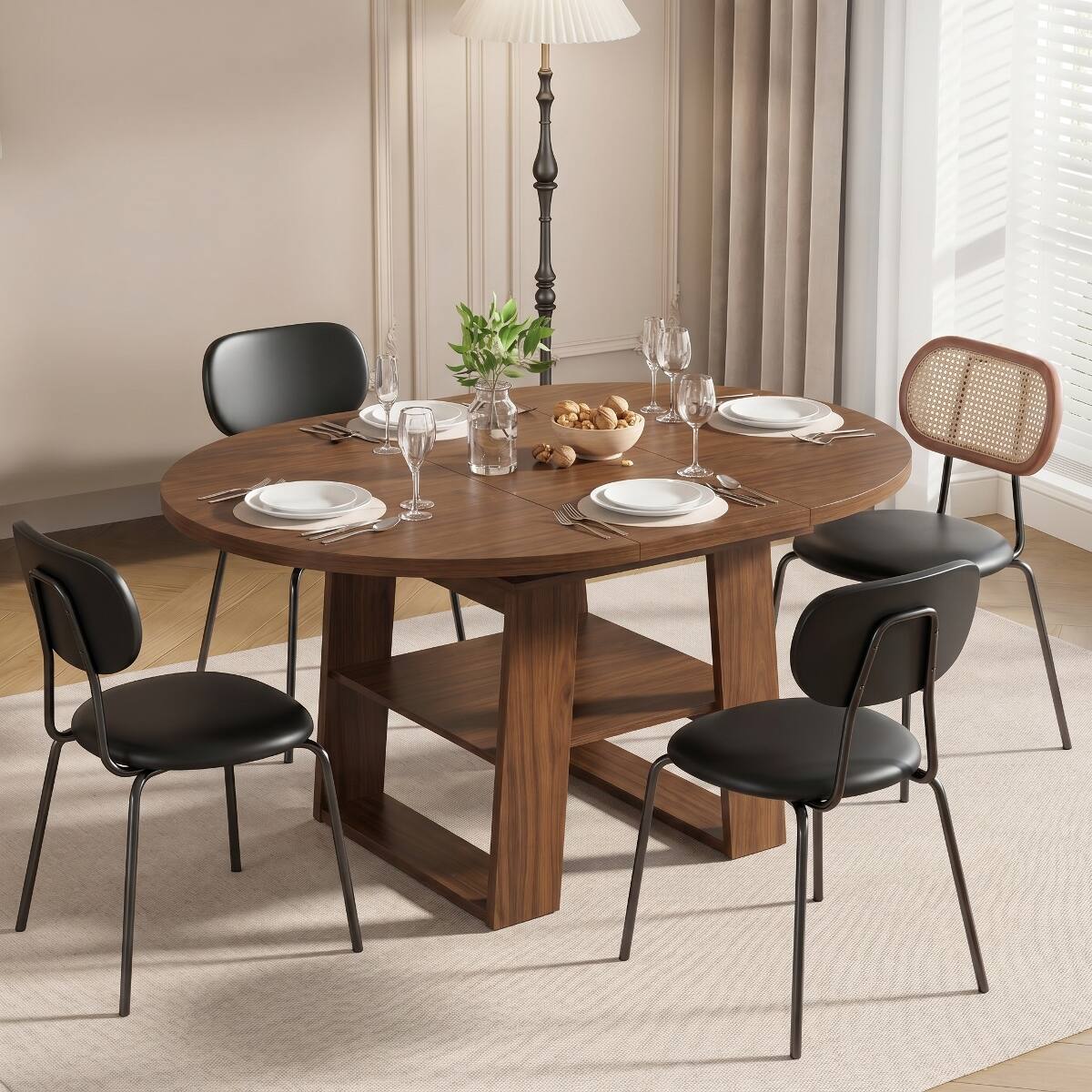 Back. Loheer - Loheer Extendable Round Dining Table, Walnut, Round-to-Oval Table for 4 to 6 People - Walnut.