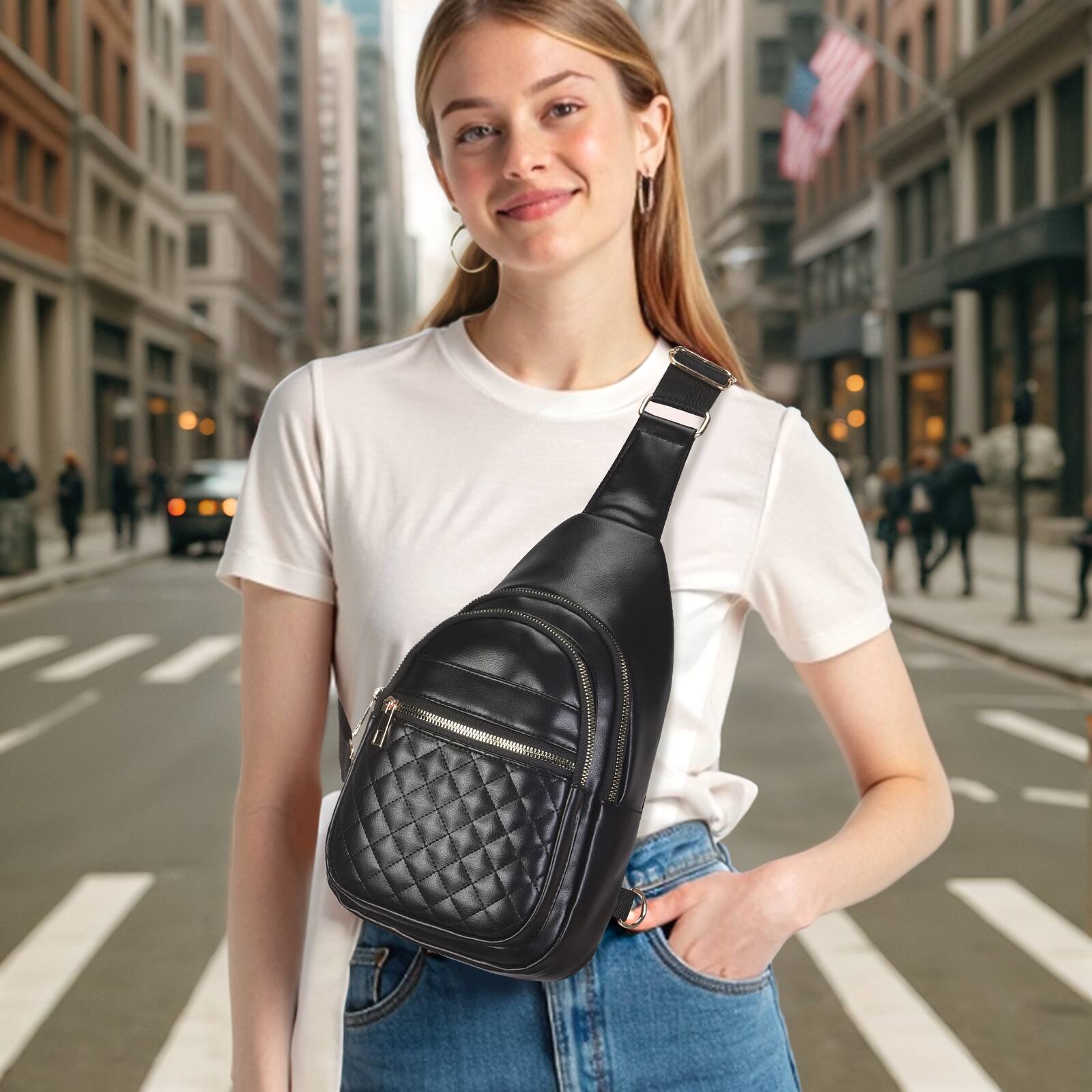 Alt View 1. Unique Bargains - Crossbody Bags for Women Men Leather Sling Bag Cross Body Backpack for Women Casual Chest Bag Daypack for Travel Hiking - Black.