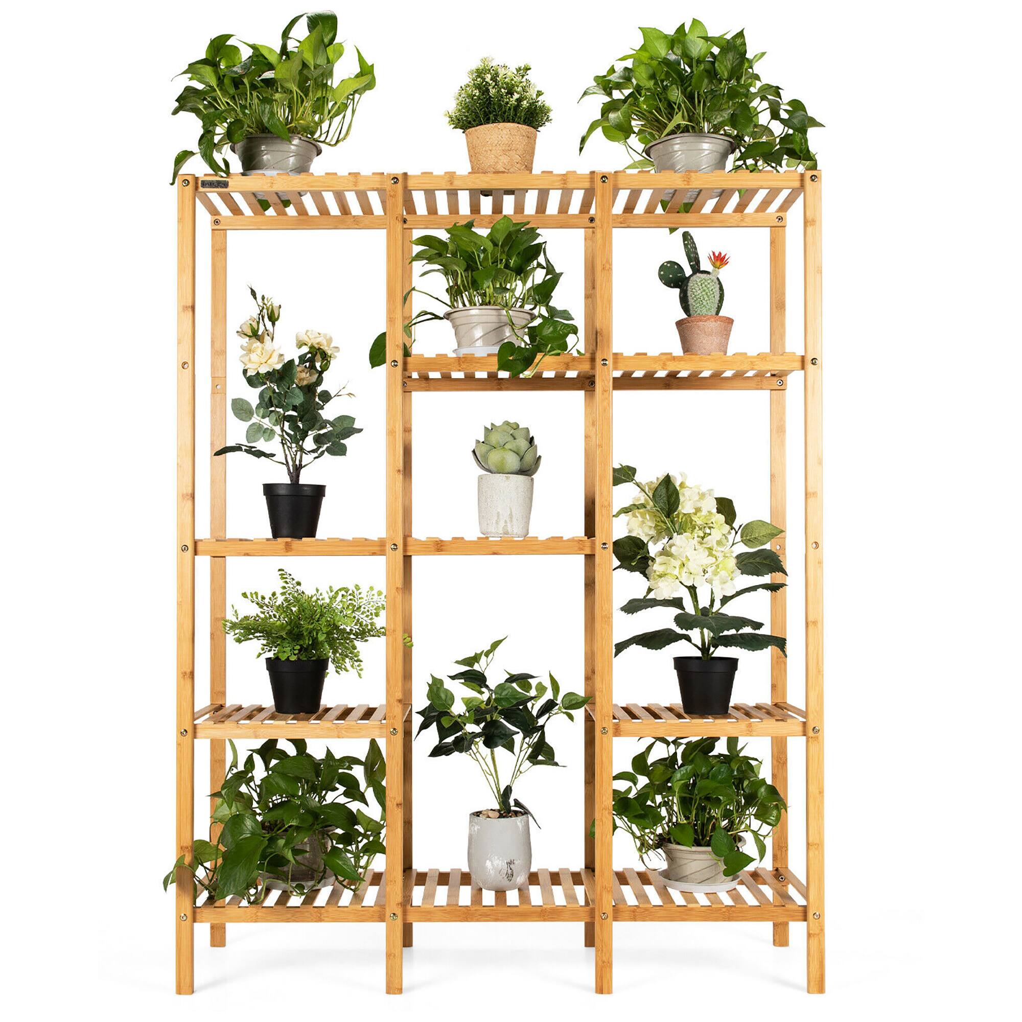 Alt View 1. Costway - Multifunctional Bamboo Shelf Storage Organizer Rack Plant Stand Display Closet - Natural.