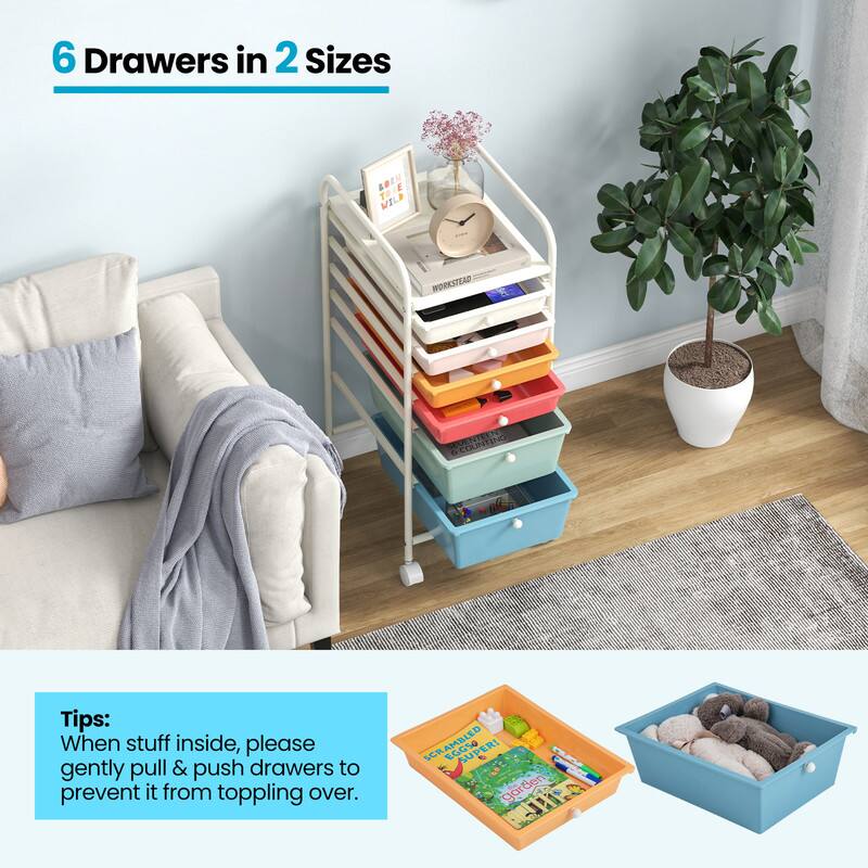 6 Drawers in 2 Sizes

Tips: When stuff inside, please gently pull & push drawers to prevent it from toppling over.