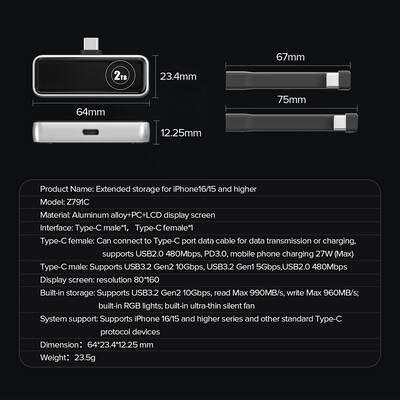 Zike Z791C 2TB USB C Expansion Memory Card, PD3.0, 990 MB/s, LCD Zike Z791C 2TB USB C Expansion Memory Card, PD3.0, 990 MB/s, LCD
