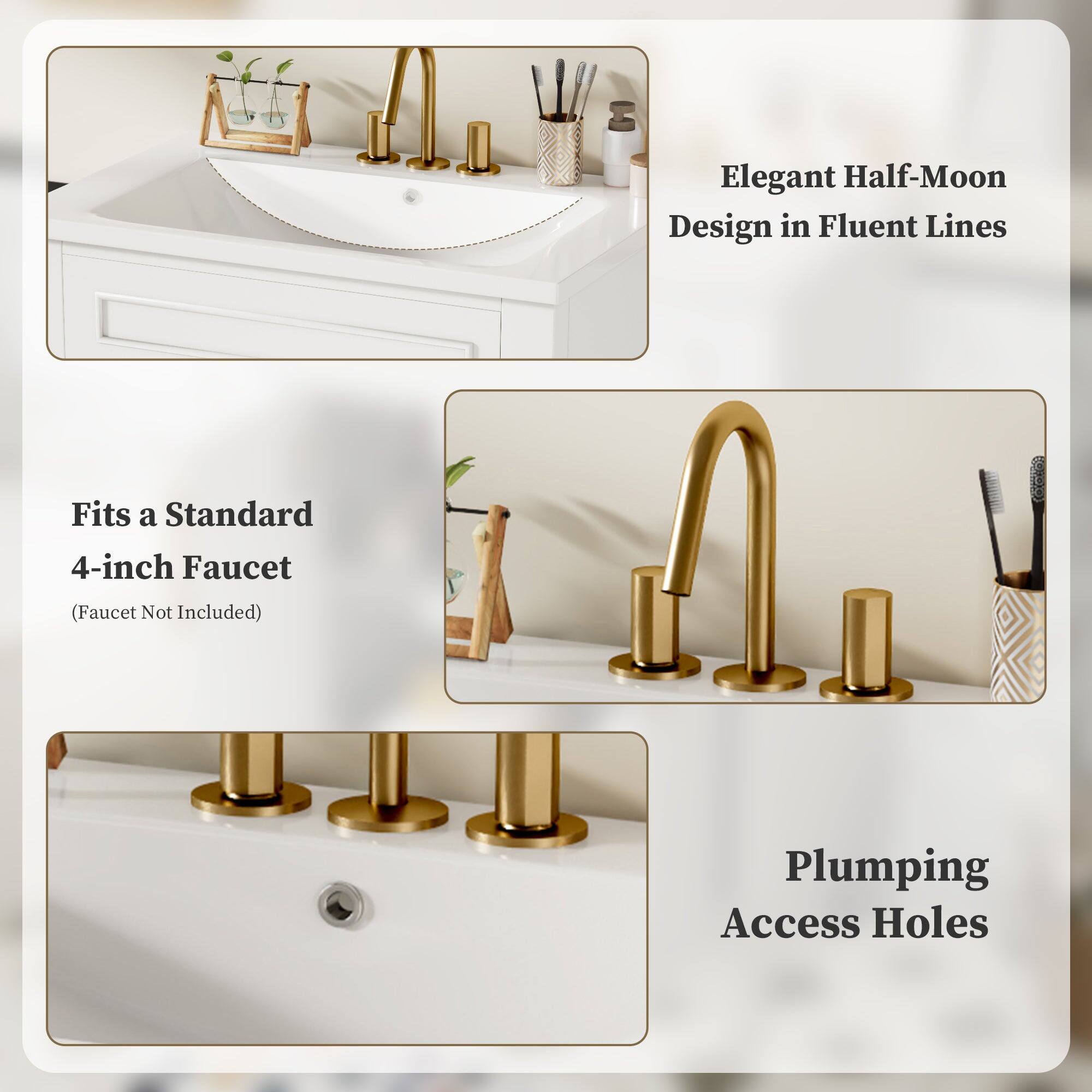 Elegant Half-Moon Design in Fluent Lines  
Fits a Standard 4-inch Faucet (Faucet Not Included)  
Plumbing Access Holes