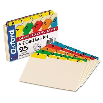 Oxford  
LAMINATED COLOR - 15 CUT TABS  
A-Z Card Guides  
25  
4"x6" (10x15.9cm)  
04435  

A B C D E  
F G H I J  
K L M N O  
P Q R S T  
U V W X Y Z