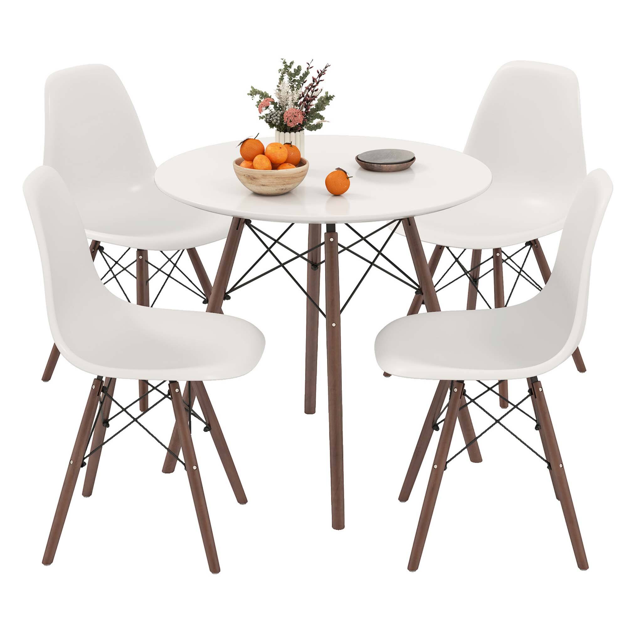 Costway - Dining Table Set Modern 5 PCS For 4 Round Dining Room Table Set with Solid Wood Leg - Brown