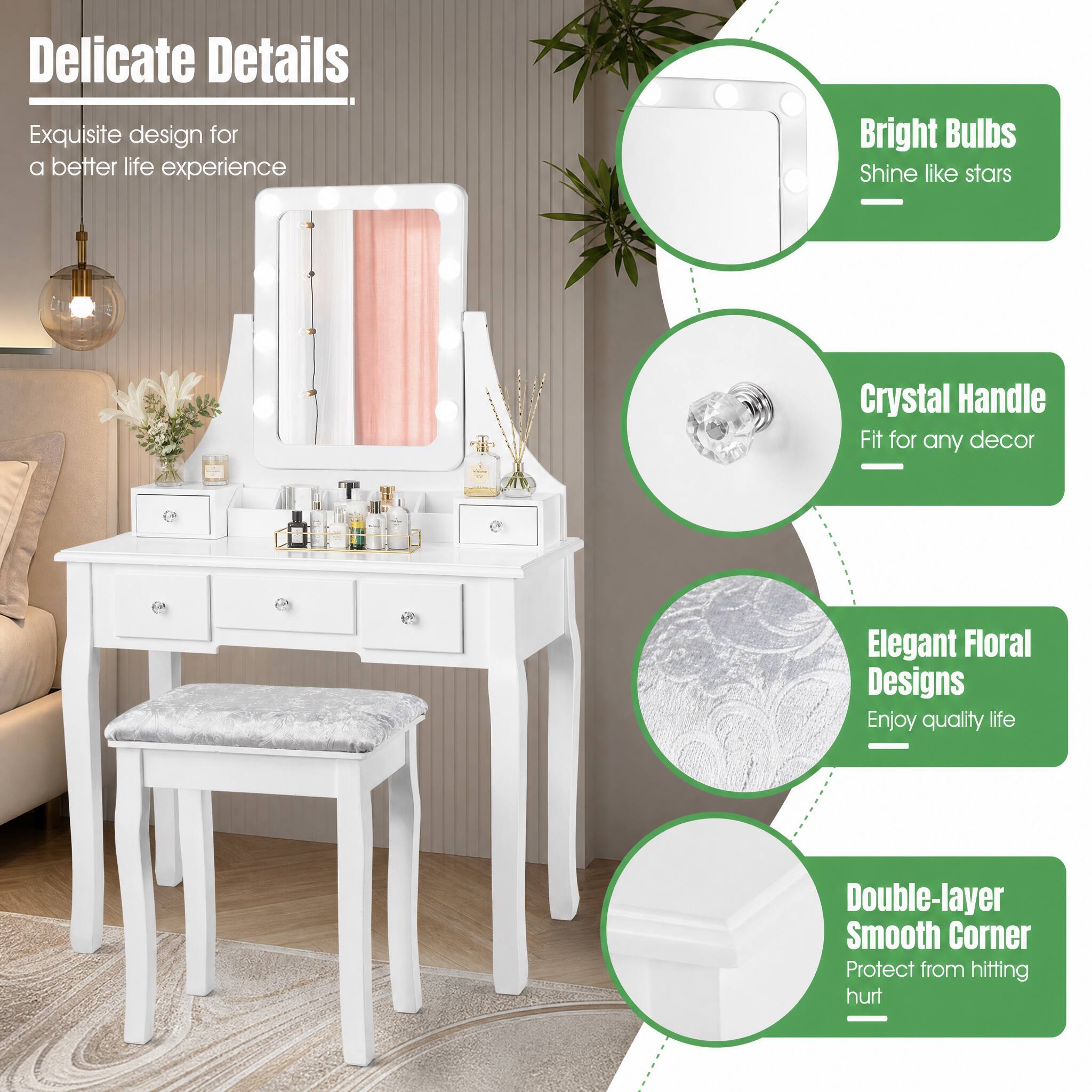 Delicate Details  
Exquisite design for a better life experience

Bright Bulbs  
Shine like stars

Crystal Handle  
Fit for any decor

Elegant Floral Designs  
Enjoy quality life

Double-layer Smooth Corner  
Protect from hitting hurt
