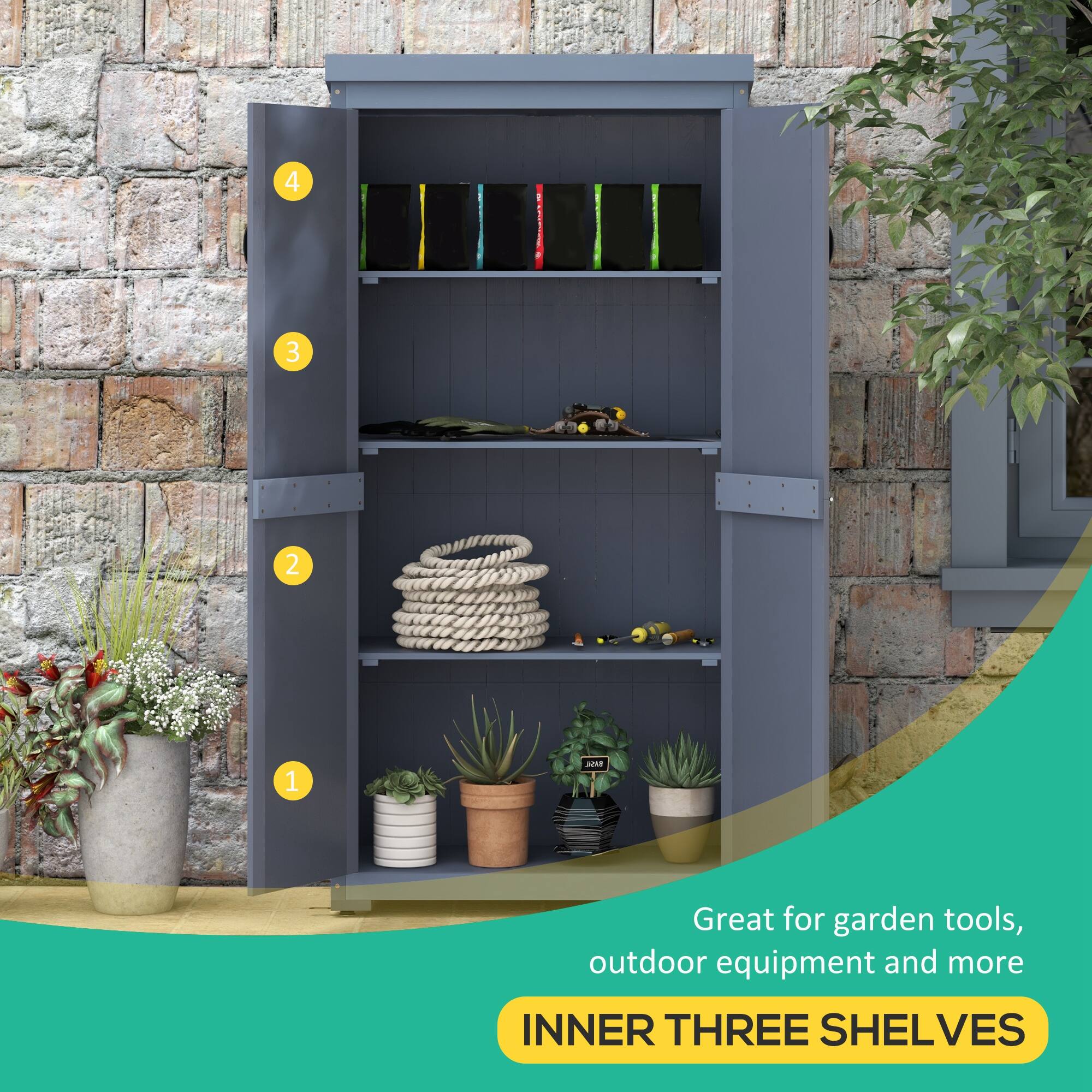 Great for garden tools, outdoor equipment and more INNER THREE SHELVES 4 3 2 1