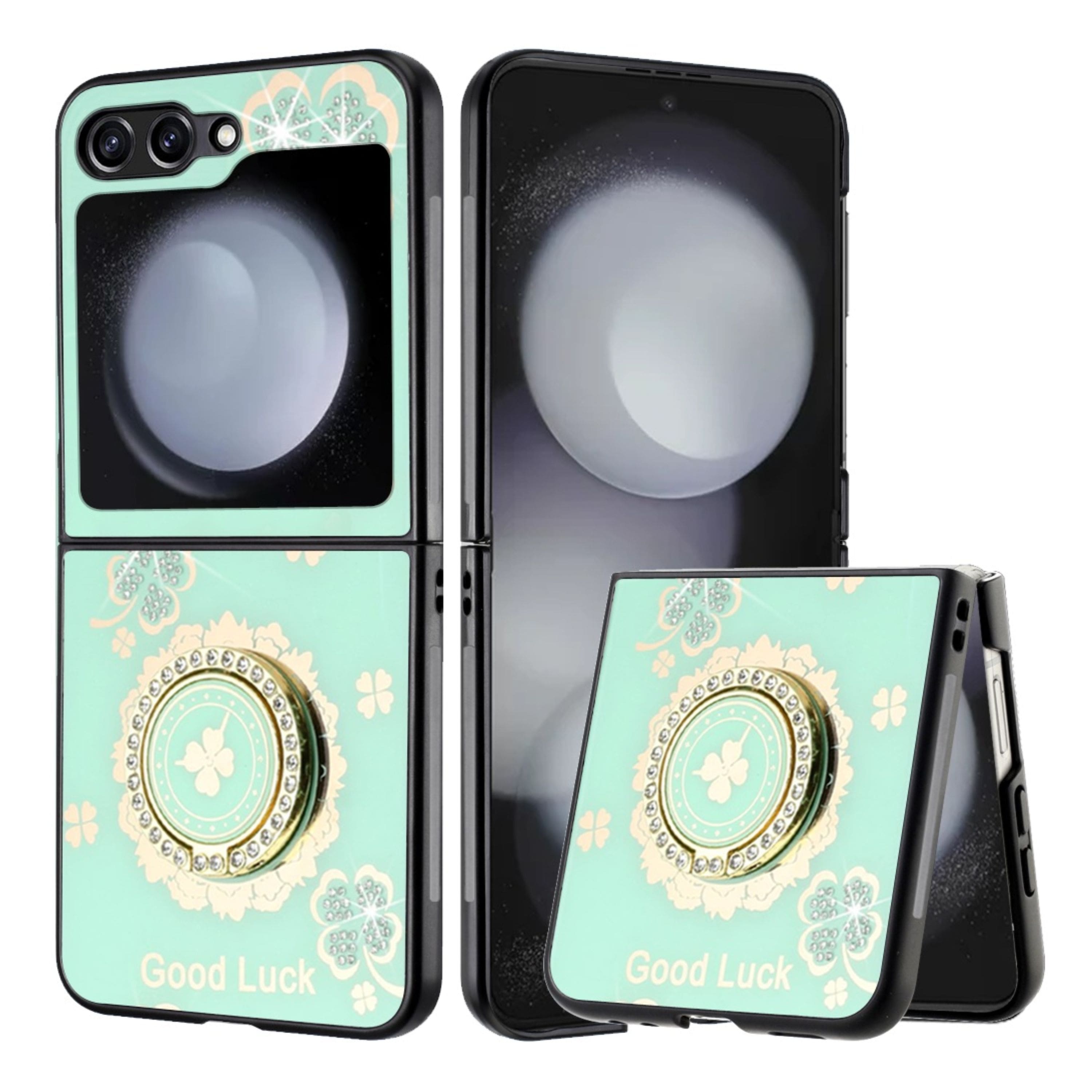 Kitcheniva - Diamond Glitter Charms Phone For Samsung Galaxy Z Flip 6 - Good Luck Floral Teal