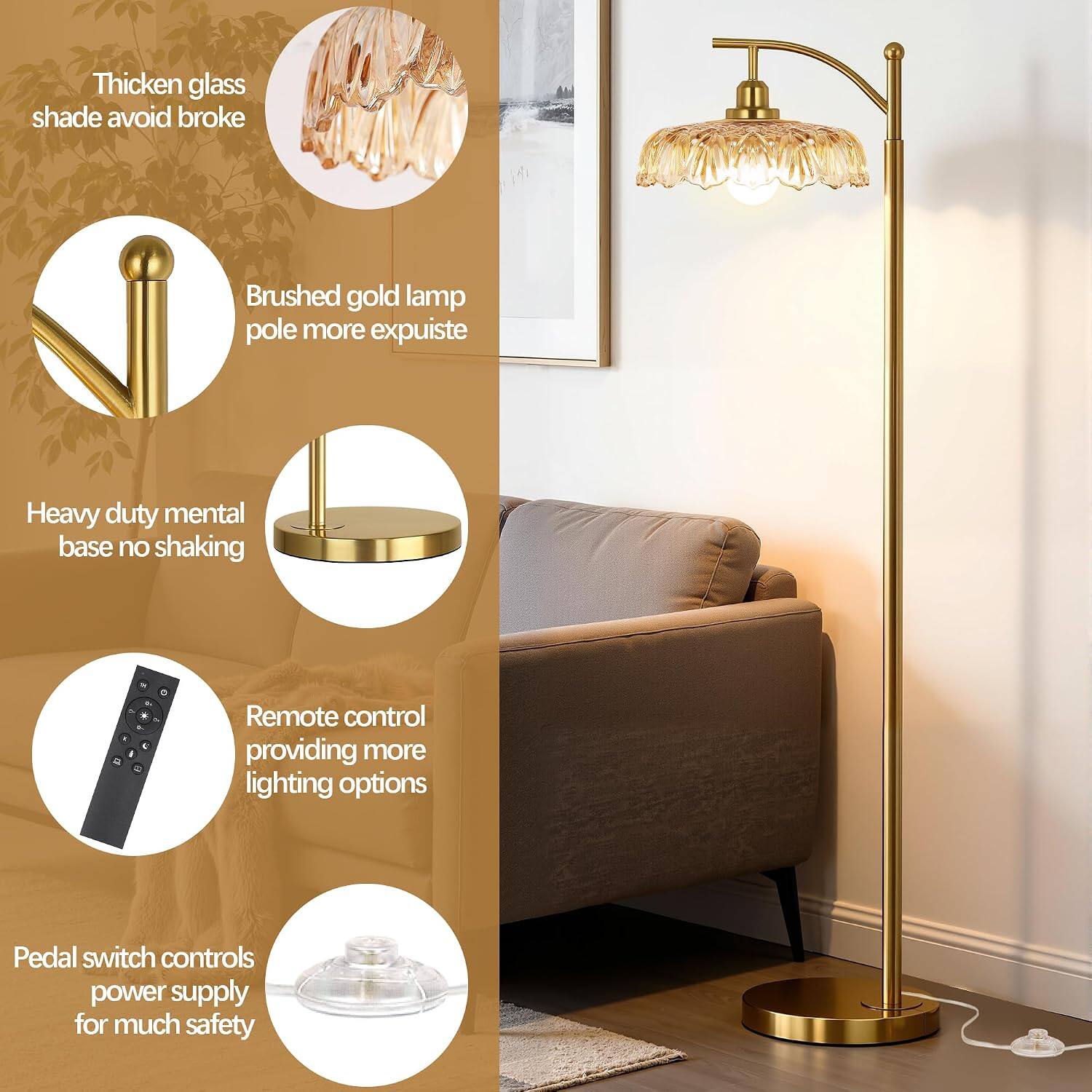 Thicken glass shade avoid broke  
Brushed gold lamp pole more exquisite  
Heavy duty metal base no shaking  
Remote control providing more lighting options  
Pedal switch controls power supply for much safety