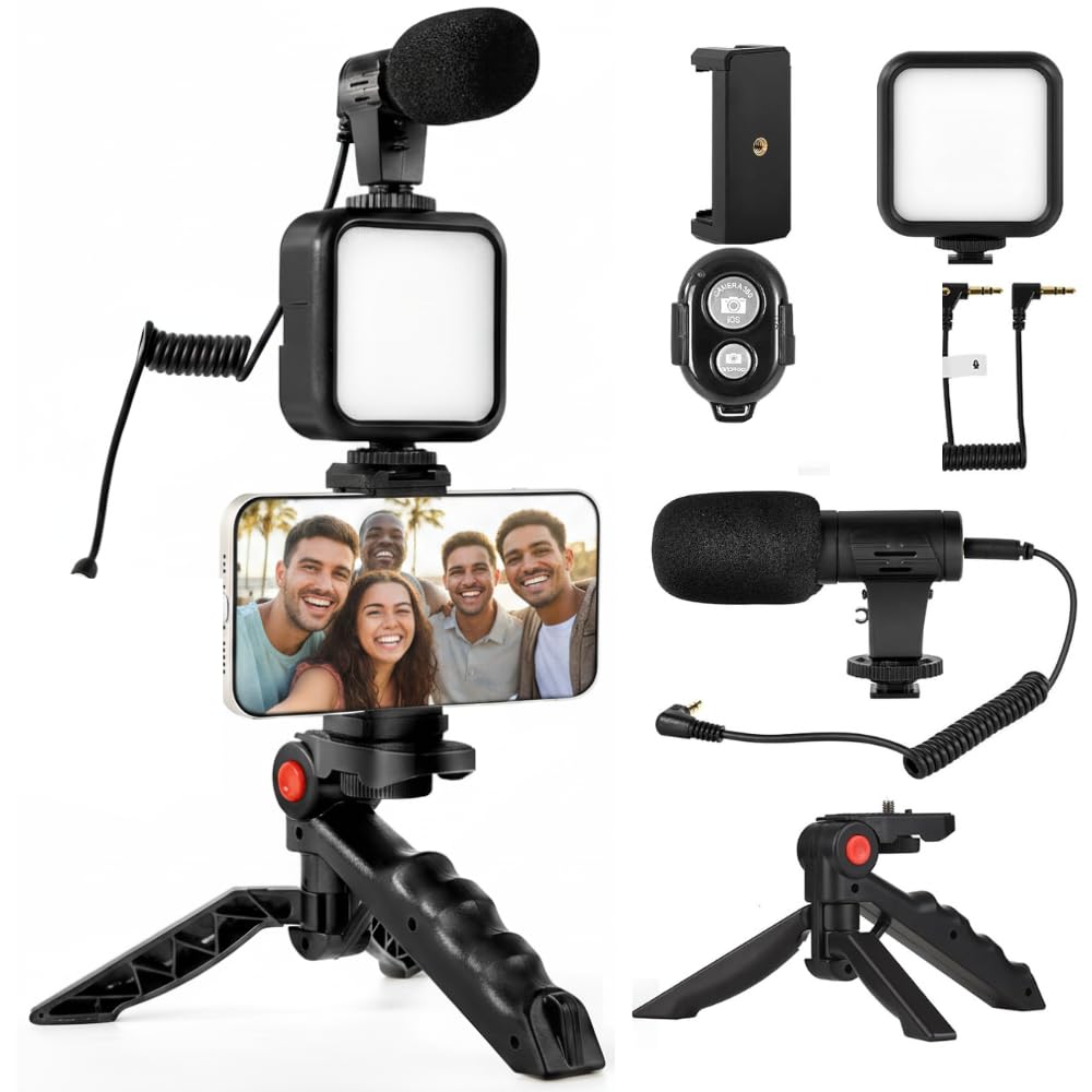 Front. TECH SAFARI - Vlogging Kit With Tripod Led Light Microphone Phone Mount Compatible Smartphones Cameras Tablets 8 Starter - 7) Beginner Kit.