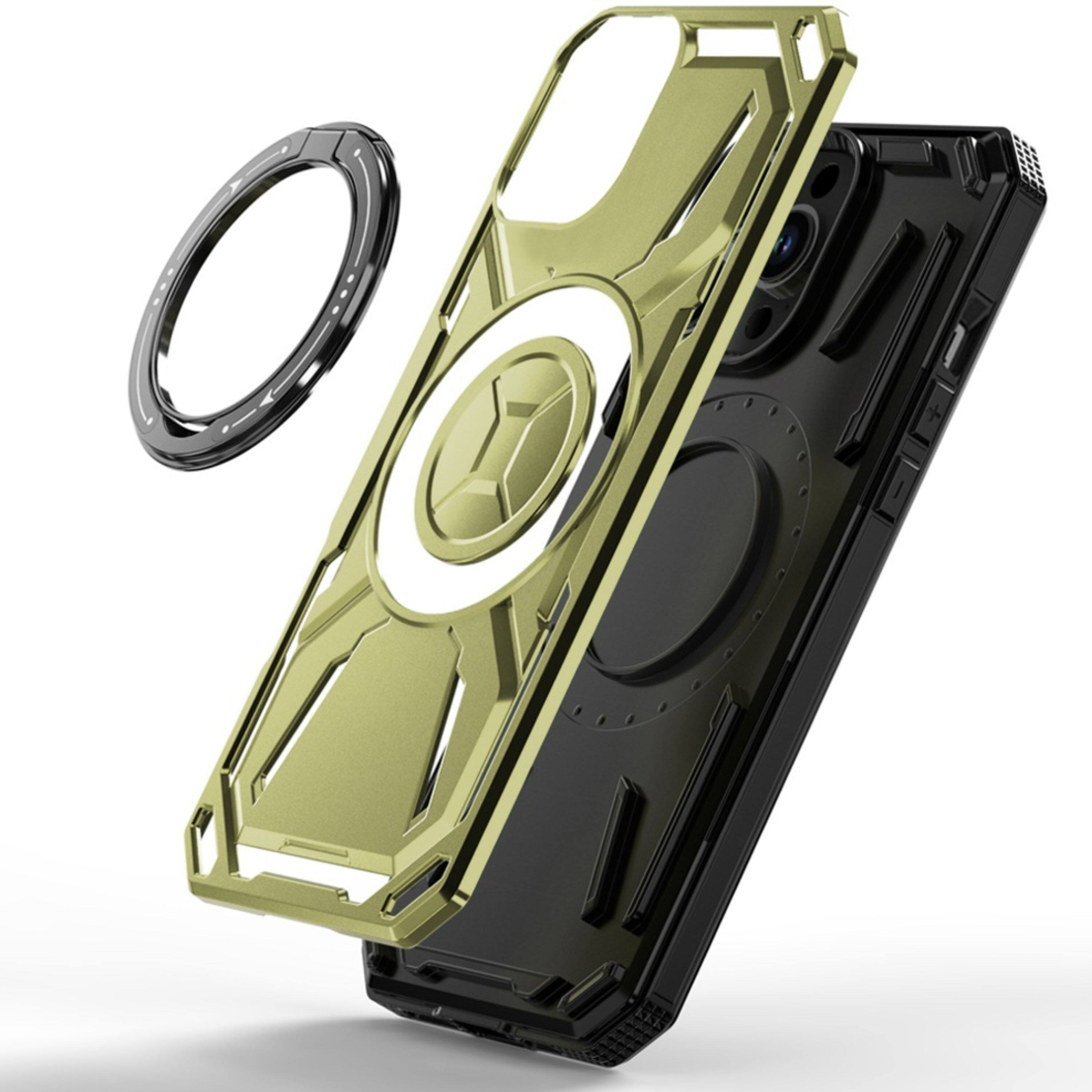 Left. Kitcheniva - Magnetic Circle Metal Stand Shockproof Phone Case With Tempered Glass For iPhone 13/14 Midnight Green - Green.