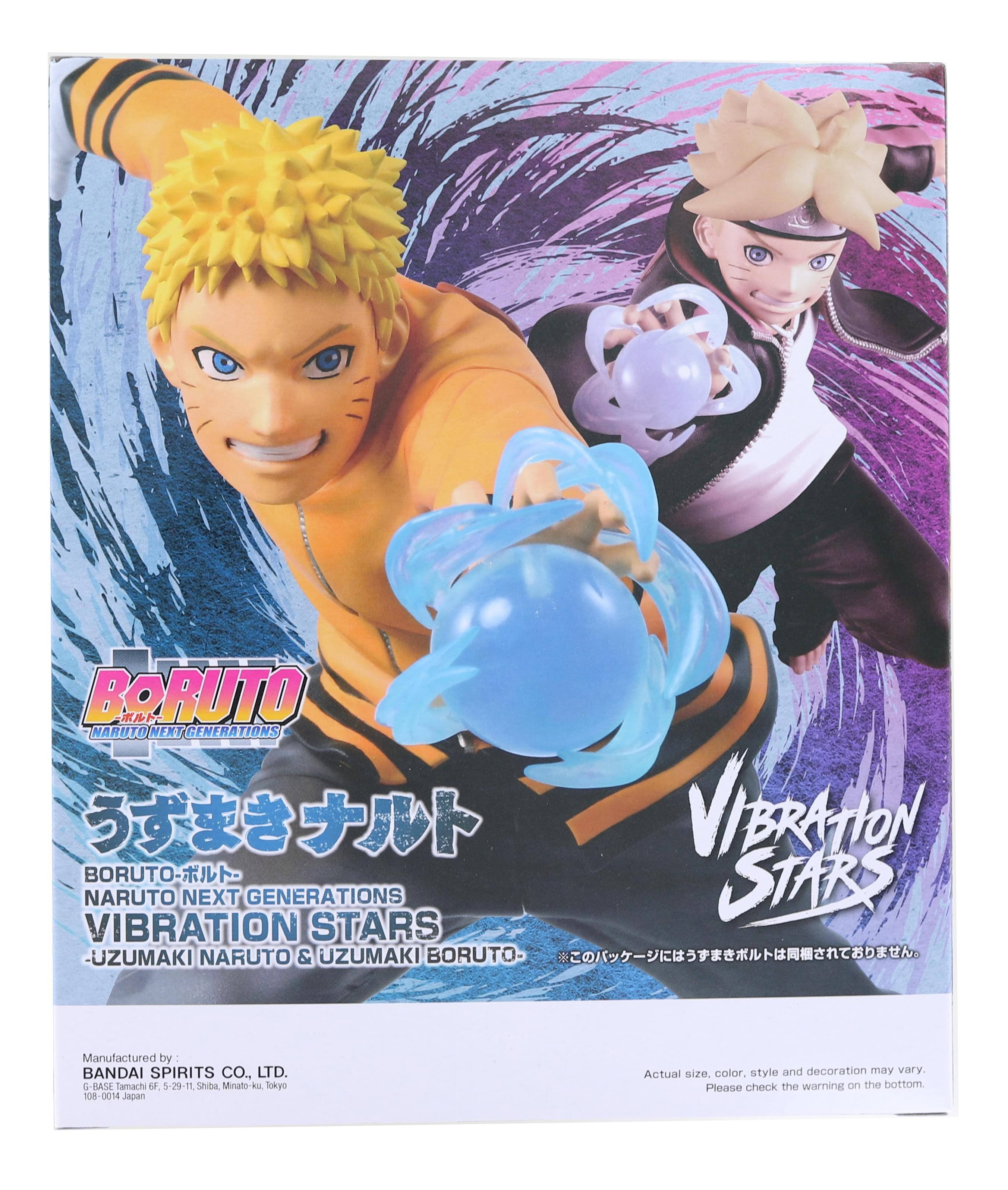 BORUTO  
NARUTO NEXT GENERATIONS  
VIBRATION STARS  
UZUMAKI NARUTO & UZUMAKI BORUTO  

Manufactured by  
BANDAI SPIRITS CO., LTD.  
6-6, Tamachi Or 5-29-1, Shiba Minato-ku, Tokyo 108-0014 Japan  

Actual size, color, style and decoration may vary.  
Please check the warning on the bottom.