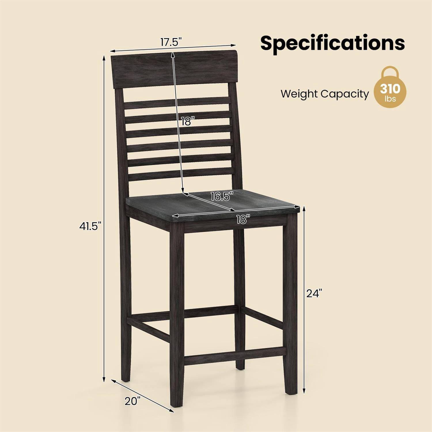 Specifications  
Weight Capacity: 310 lbs  
17.5"  
18"  
16.5"  
41.5"  
18"  
24"  
20"