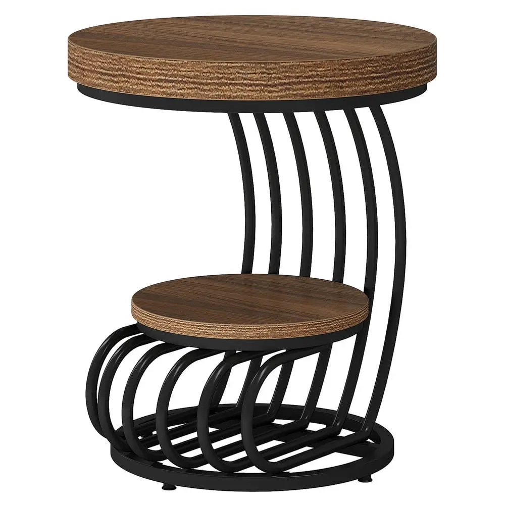 Front. Kadyn - Kadyn Sofa Side End Table, Round Couch Table, 2 Tiers Faux Marble Side Table with Storage Shelf,Light Brown - Light Brown.