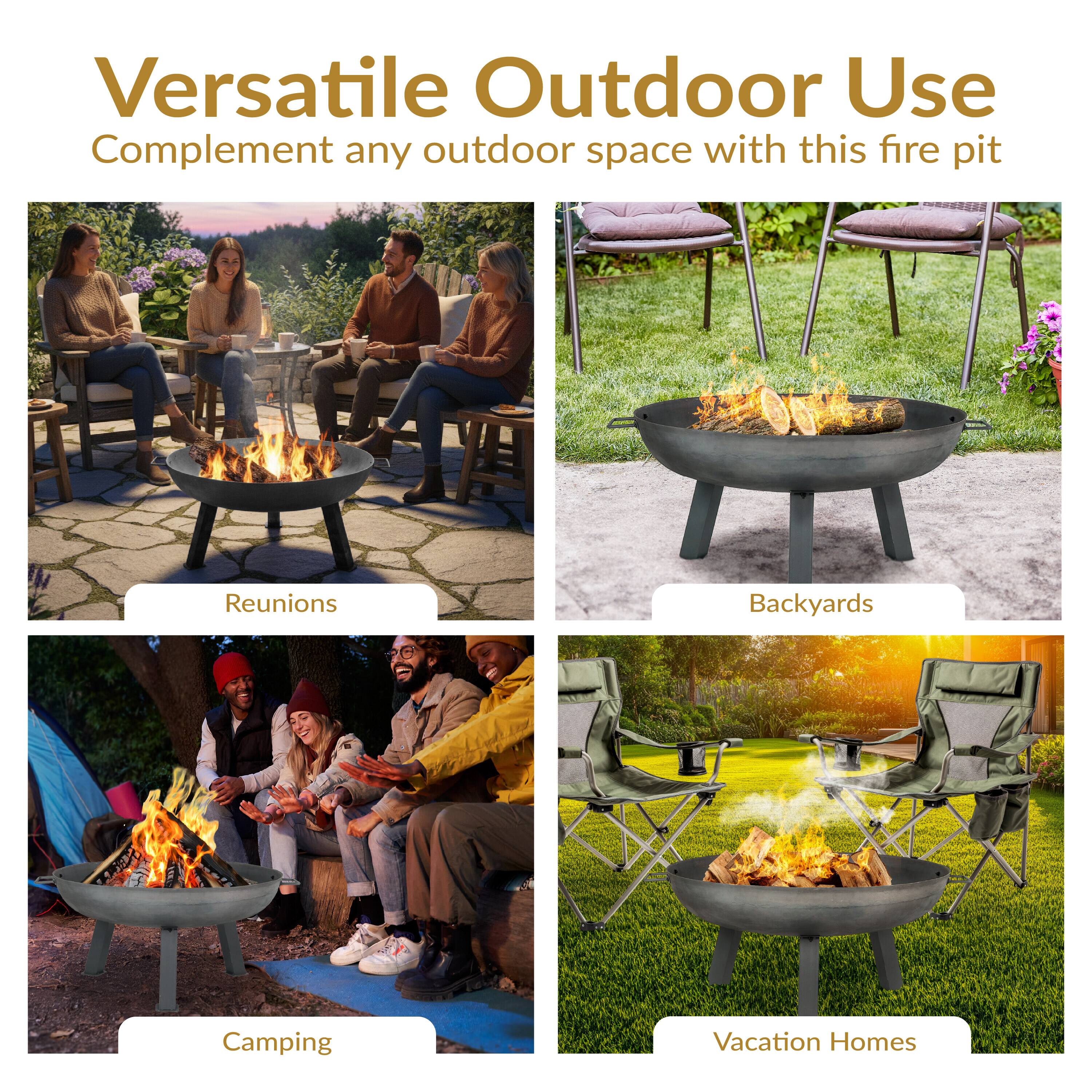 Versatile Outdoor Use  
Complement any outdoor space with this fire pit  

Reunions  
Backyards  
Camping  
Vacation Homes