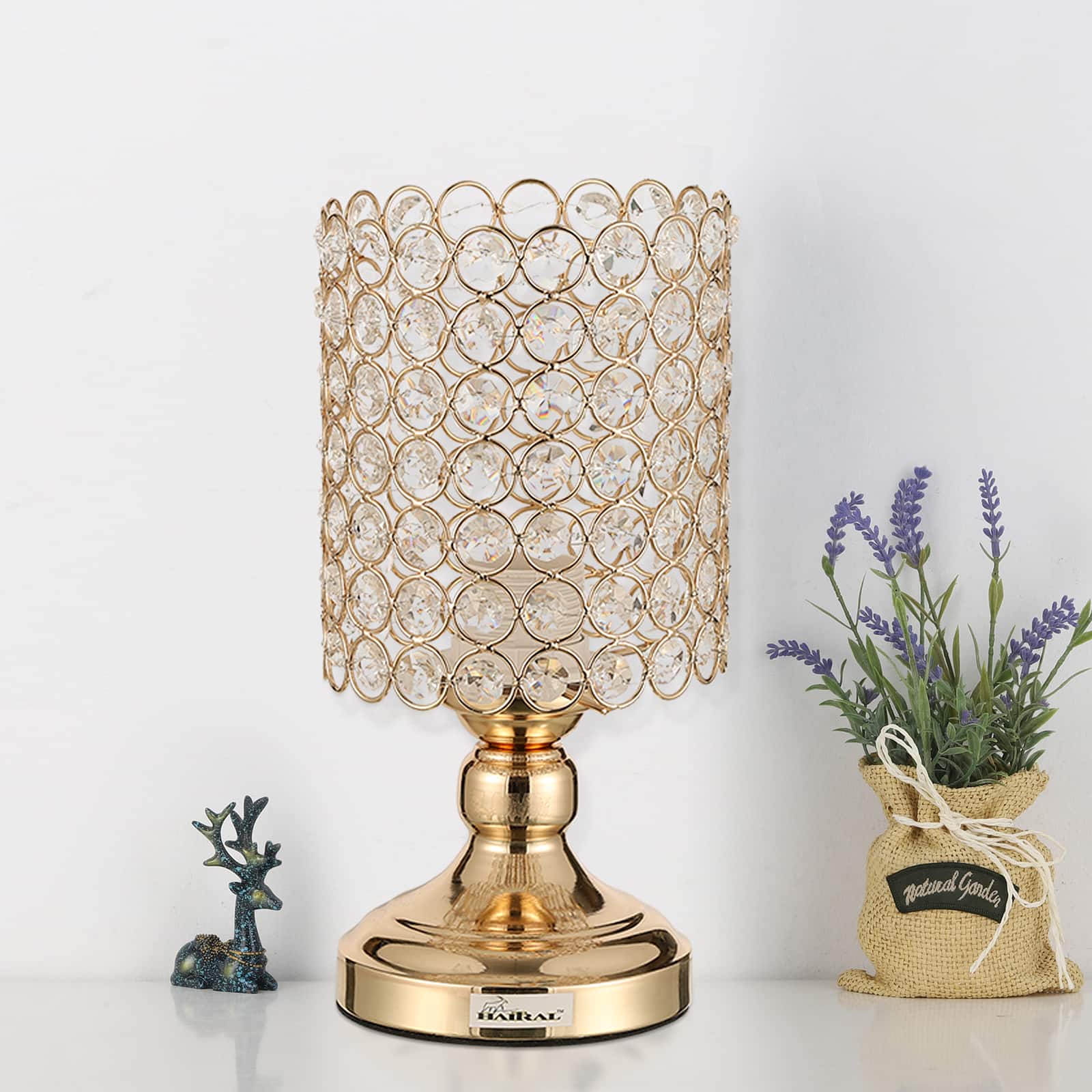 Oumilen - Luxury Gold Crystal Table Lamp, Metal Base & UL Plug, Elegant Lighting for Bedroom, Living Room, Vanity