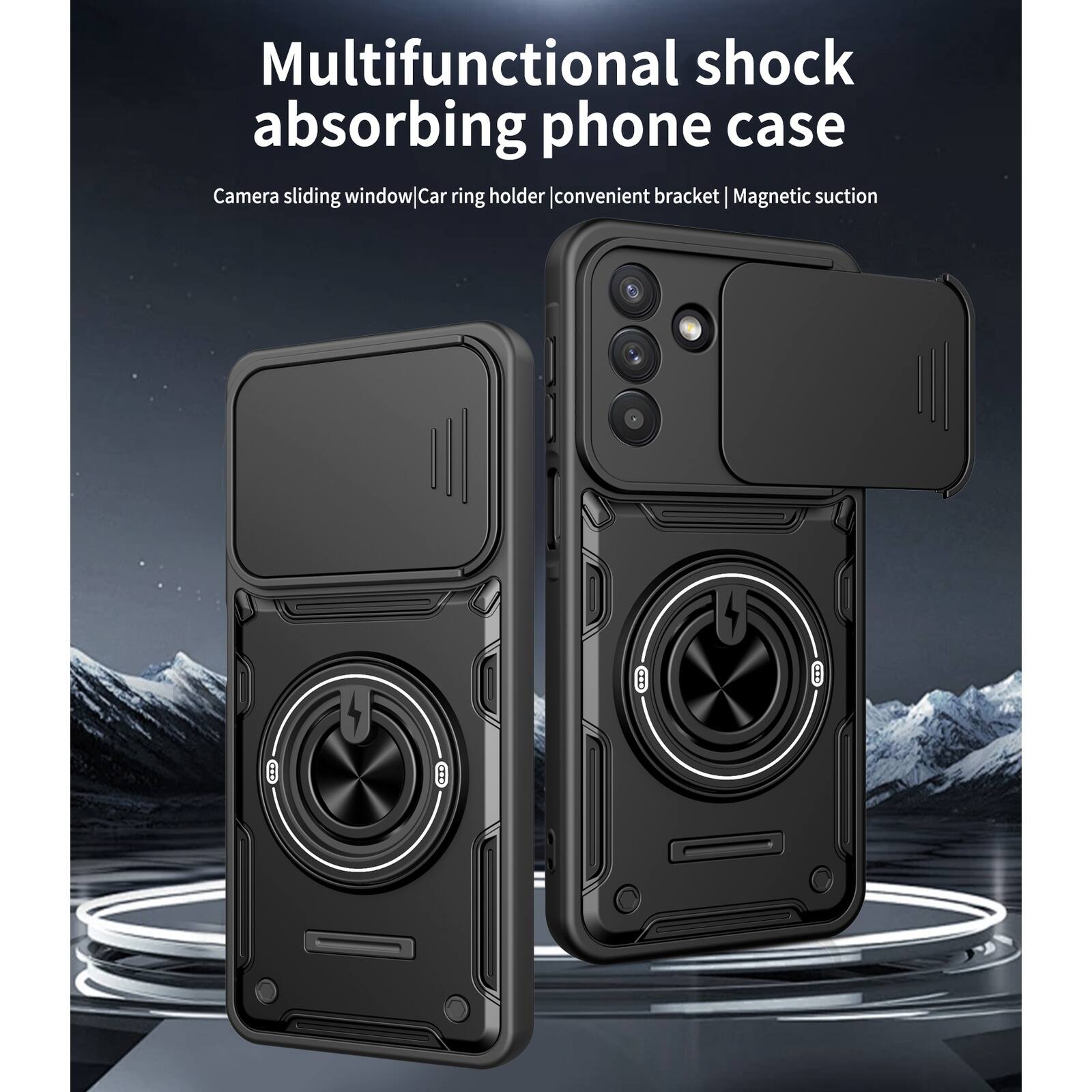 Multifunctional shock absorbing phone case  
Camera sliding window | Car ring holder convenient bracket | Magnetic suction
