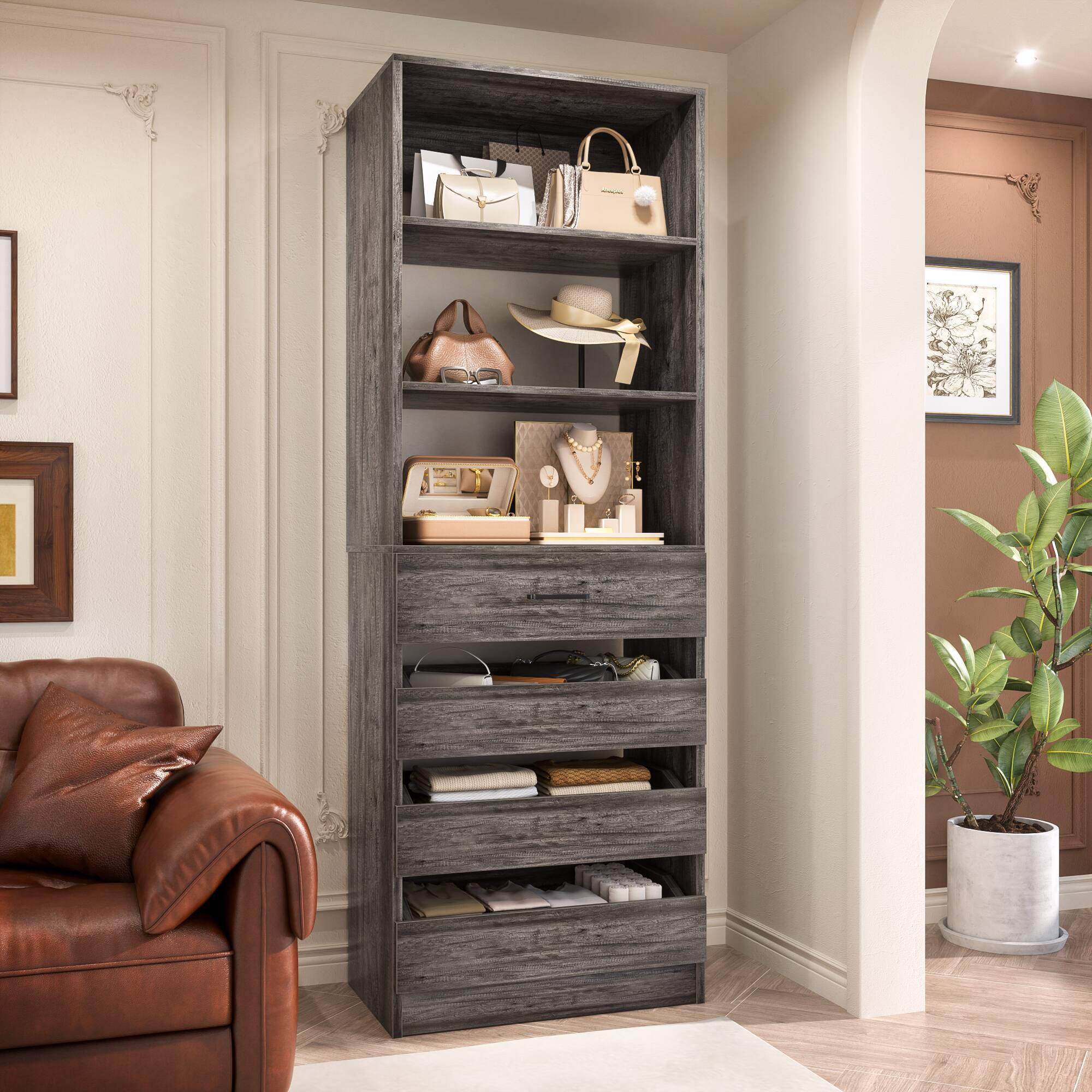 Left. Aheaplus - Space-Saving Modular Closet Organizer - 4 Drawers, Adjustable Shelves Cabinet, Easy Assembly Tall Wardrobe - Gray Oak.