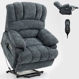 LUCKY ONE - Chenille Electric Lift Recliner Chair with 8-Point Massage, USB Port, Side Pockets - Blue Grey