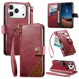 Dteck - For Apple iPhone 17 Pro Wallet Case Business Shockproof PU Leather Flip Kickstand Zipper Card Pocket Cover+Strap - Red