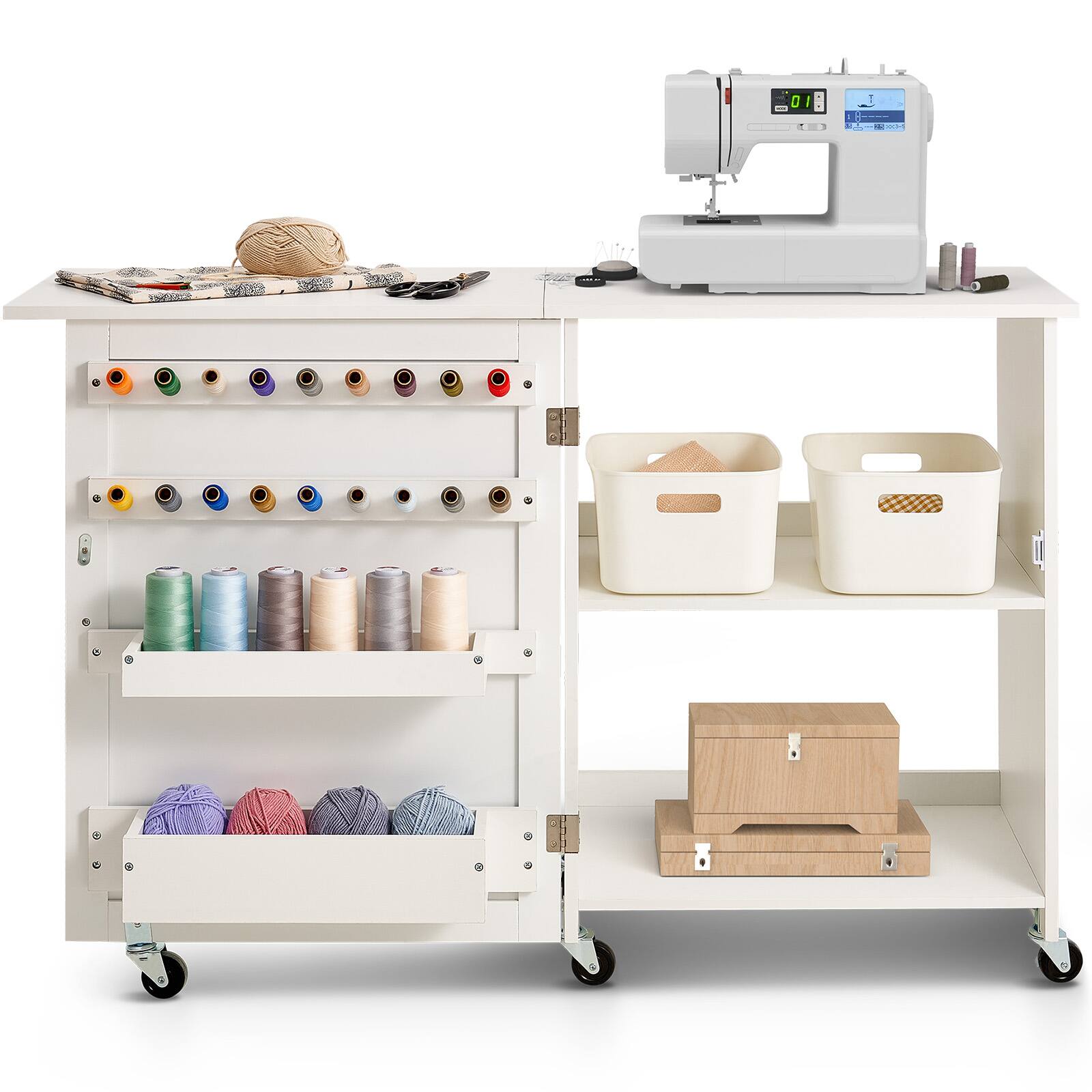 Alt View 5. VEVOR - Folding Sewing Table, Multipurpose Sewing Machine Table with Compact Design, Wheels, Shelves, Storage Trays, Wooden Pegs - White.