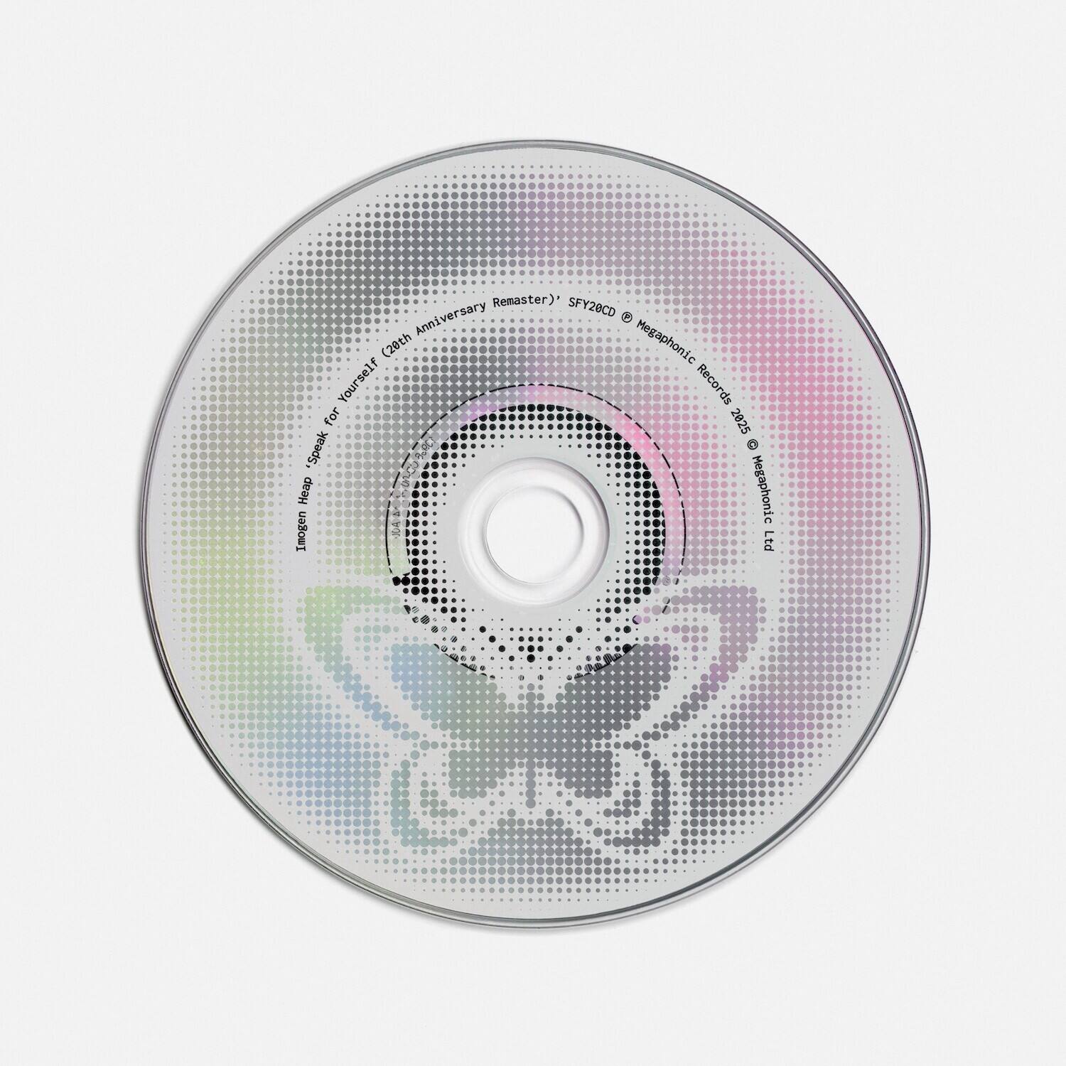 Sure, here is the corrected and grouped text from the image:

---

**Megaphonic Records**

**SFY28CD**

**28th Anniversary Remaster**

**"Speak for Yourself" (28th Anniversary Remaster)**

**SFY28CD © Megaphonic Records 2025**

**Imogen Heap**

**Megaphonic Ltd**

---

This text is arranged to reflect the information as it appears on the CD.