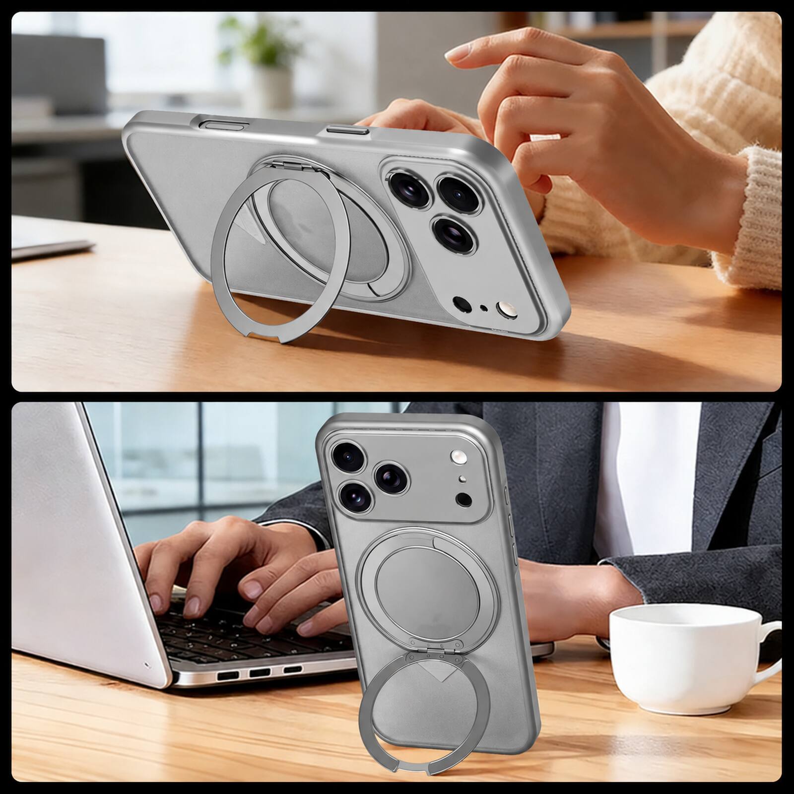 Alt View 2. Dteck - For iPhone 17 Pro Max Matte Rugged Case Compatible With Magsafe Accessories,Shockproof Ring Kickstand Hard PC+TPU - Gray.