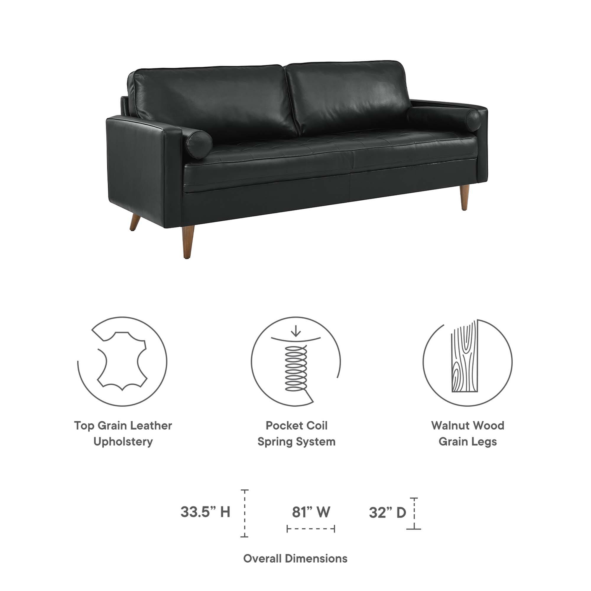 Top Grain Leather Upholstery  
Pocket Coil Spring System  
Walnut Wood Grain Legs  

Overall Dimensions:  
33.5" H x 81" W x 32" D