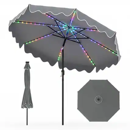 Front. Gymax - Gymax Solar Outdoor Market Table Umbrella w/104 Color-Changing Flowing LED Lights Gray - Gray.
