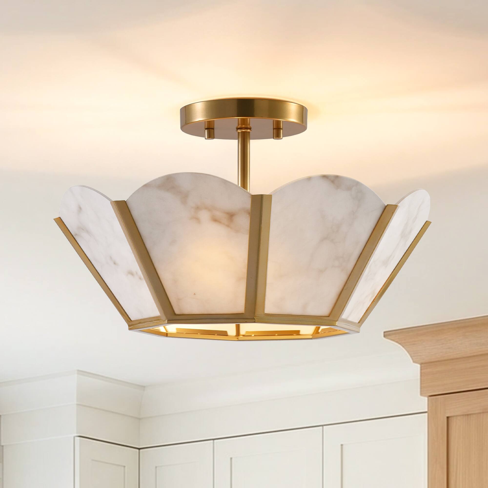 Alt View 1. Parrot Uncle - Antique Gold Glass 3-Light Semi-Flush Ceiling Light - Gold.