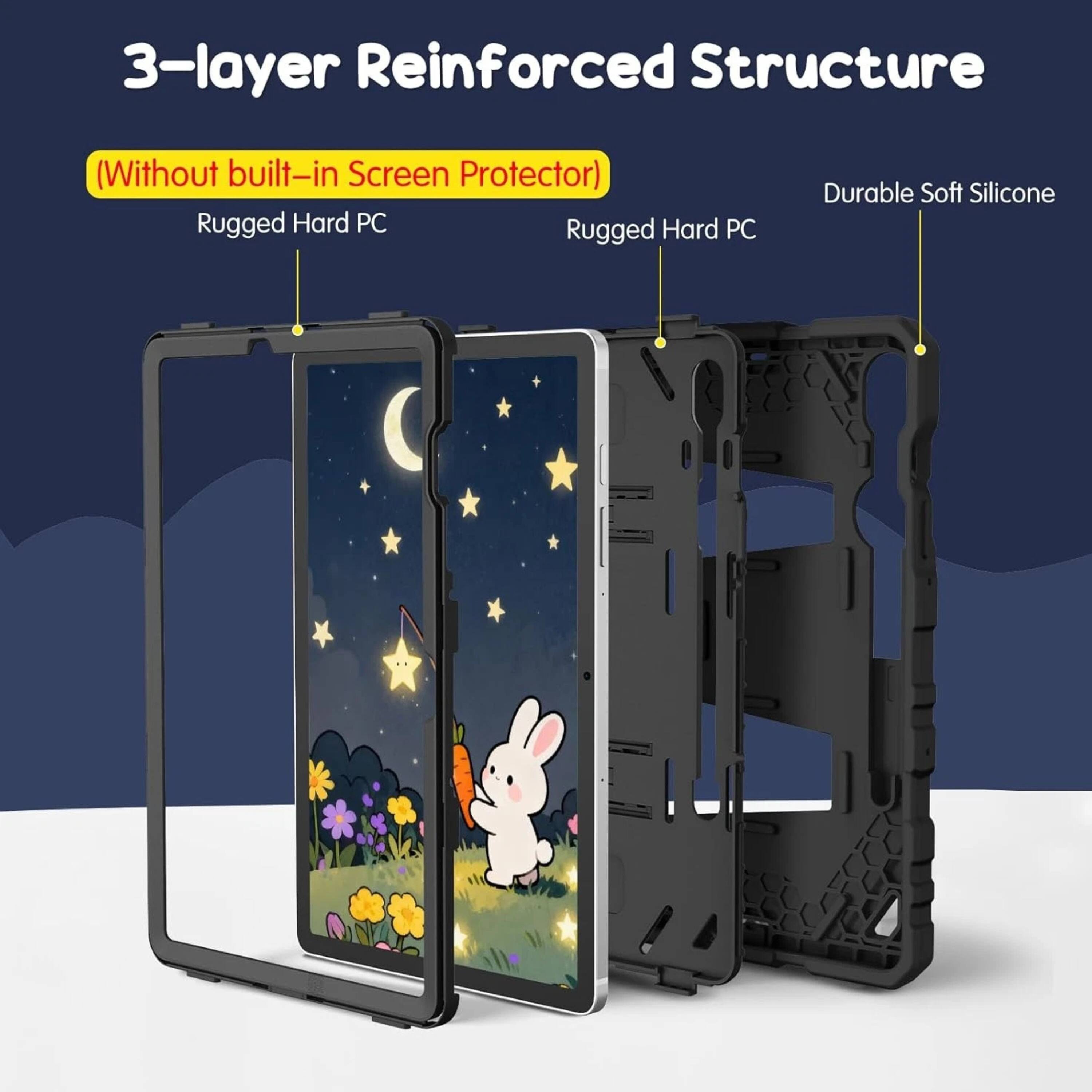 3-layer Reinforced Structure (Without built-in Screen Protector)  
Rugged Hard PC  
Rugged Hard PC  
Durable Soft Silicone