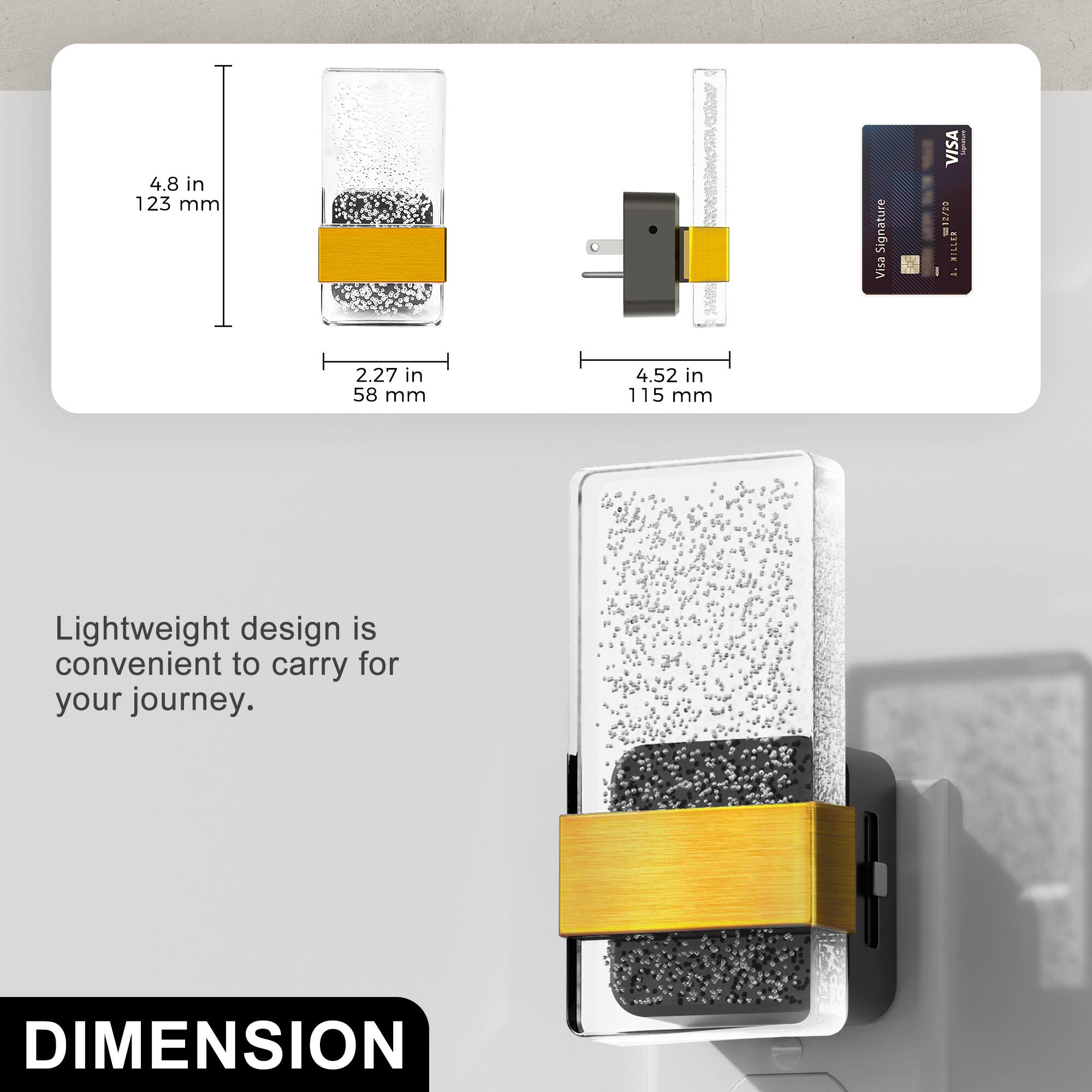 4.8 in 123 mm  
2.27 in 58 mm  
4.52 in 115 mm  

Signature Visa  
VISA 12/20 MILLEN A.  

Lightweight design is convenient to carry for your journey.  

DIMENSION