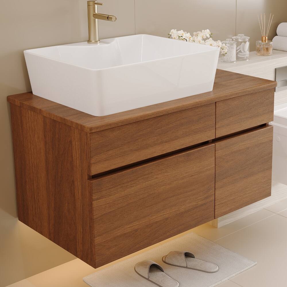 Alt View 1. Loheer - Loheer 31.5 inch floating bathroom vanity Walnut and White Single Sink Vanity with Vessel Ceramic Sink - White, Walnut.