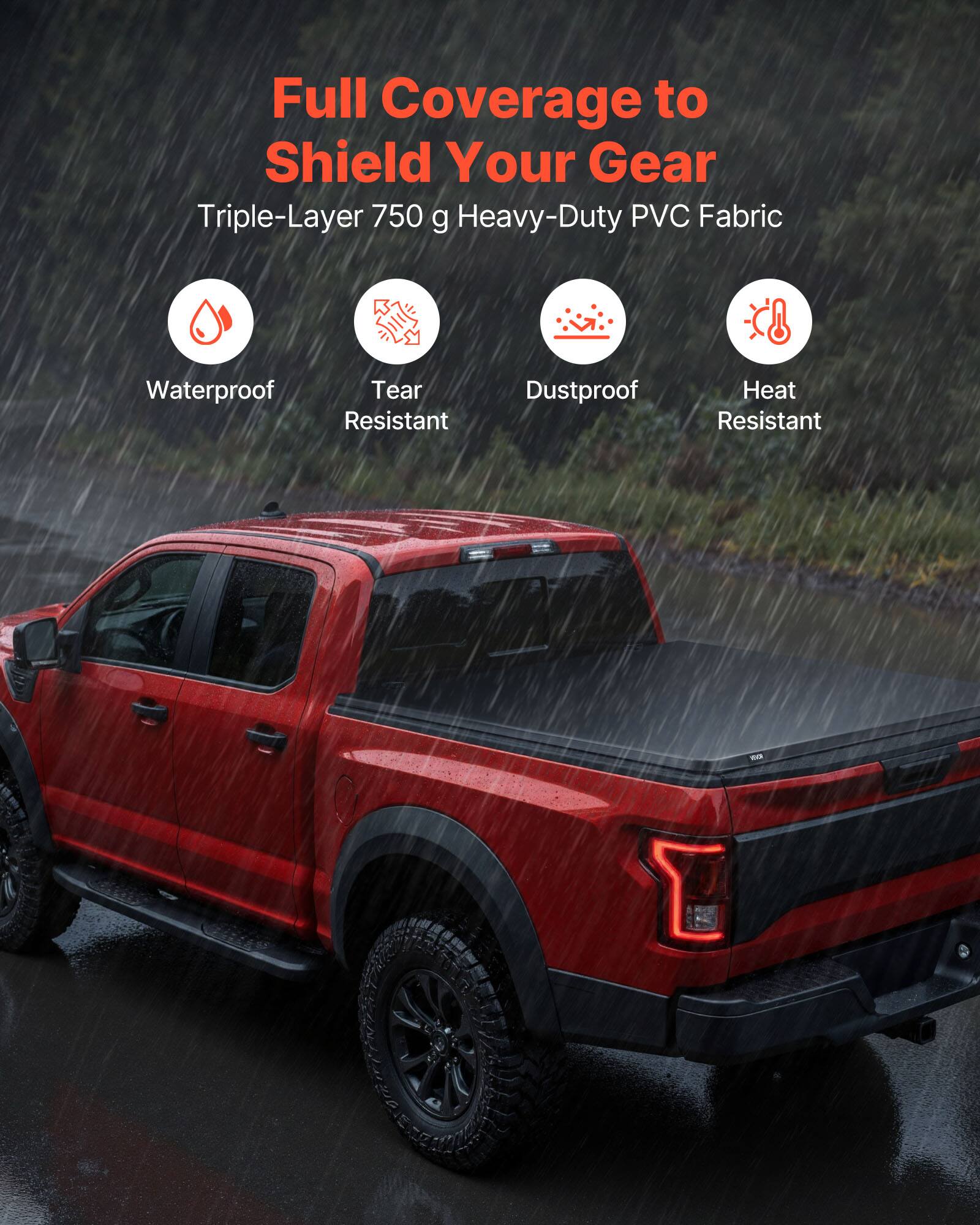 Full Coverage to Shield Your Gear  
Triple-Layer 750 g Heavy-Duty PVC Fabric  
Waterproof  
Tear Resistant  
Dustproof  
Heat Resistant