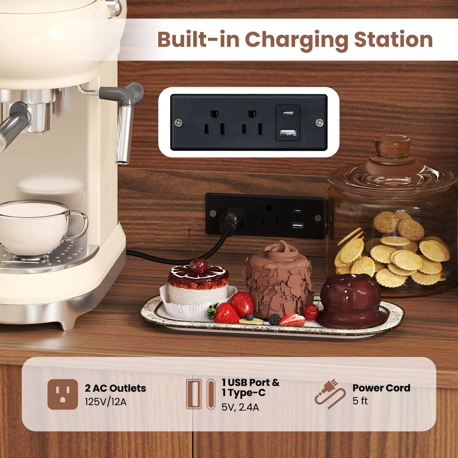 Built-in Charging Station

- 2 AC Outlets
  - 125V/12A

- 1 USB Port & Type-C
  - 5V, 2.4A

- Power Cord
  - 5 ft
