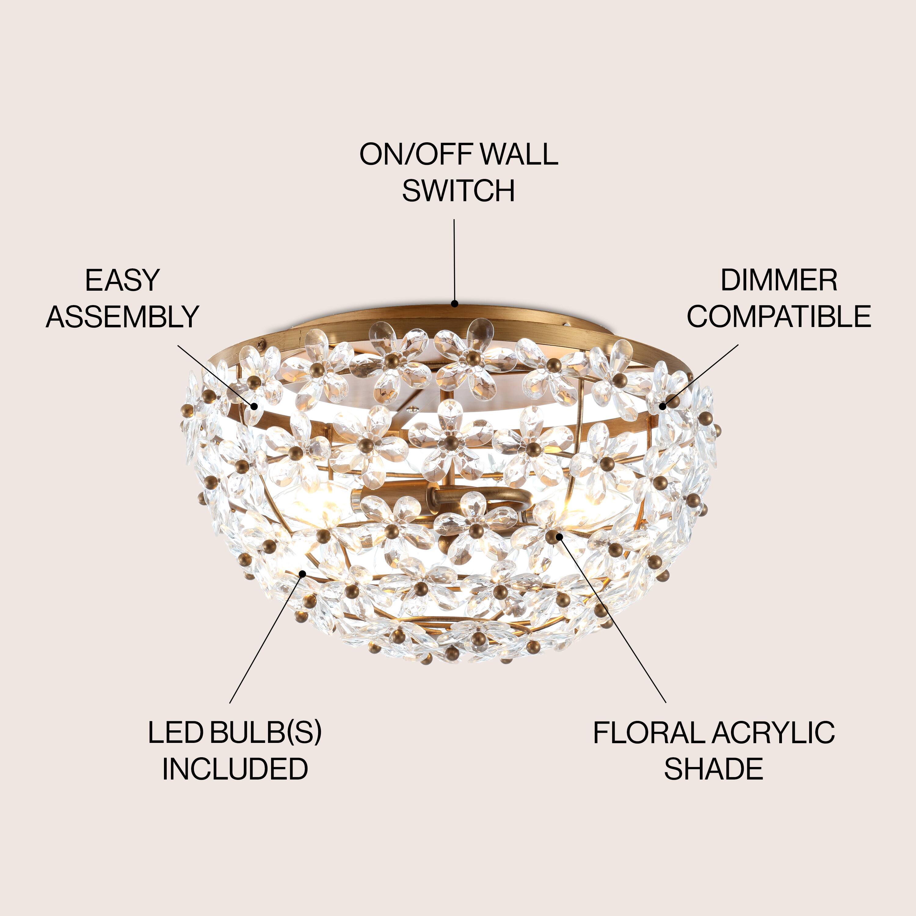 ON/OFF WALL SWITCH  
EASY ASSEMBLY  
DIMMER COMPATIBLE  
LED BULB(S) INCLUDED  
FLORAL ACRYLIC SHADE