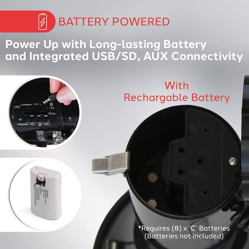 BATTERY POWERED

Power Up with Long-lasting Battery and Integrated USB/SD, AUX Connectivity

With Rechargeable Battery

*Requires (8) x 'C' Batteries (Batteries not included)