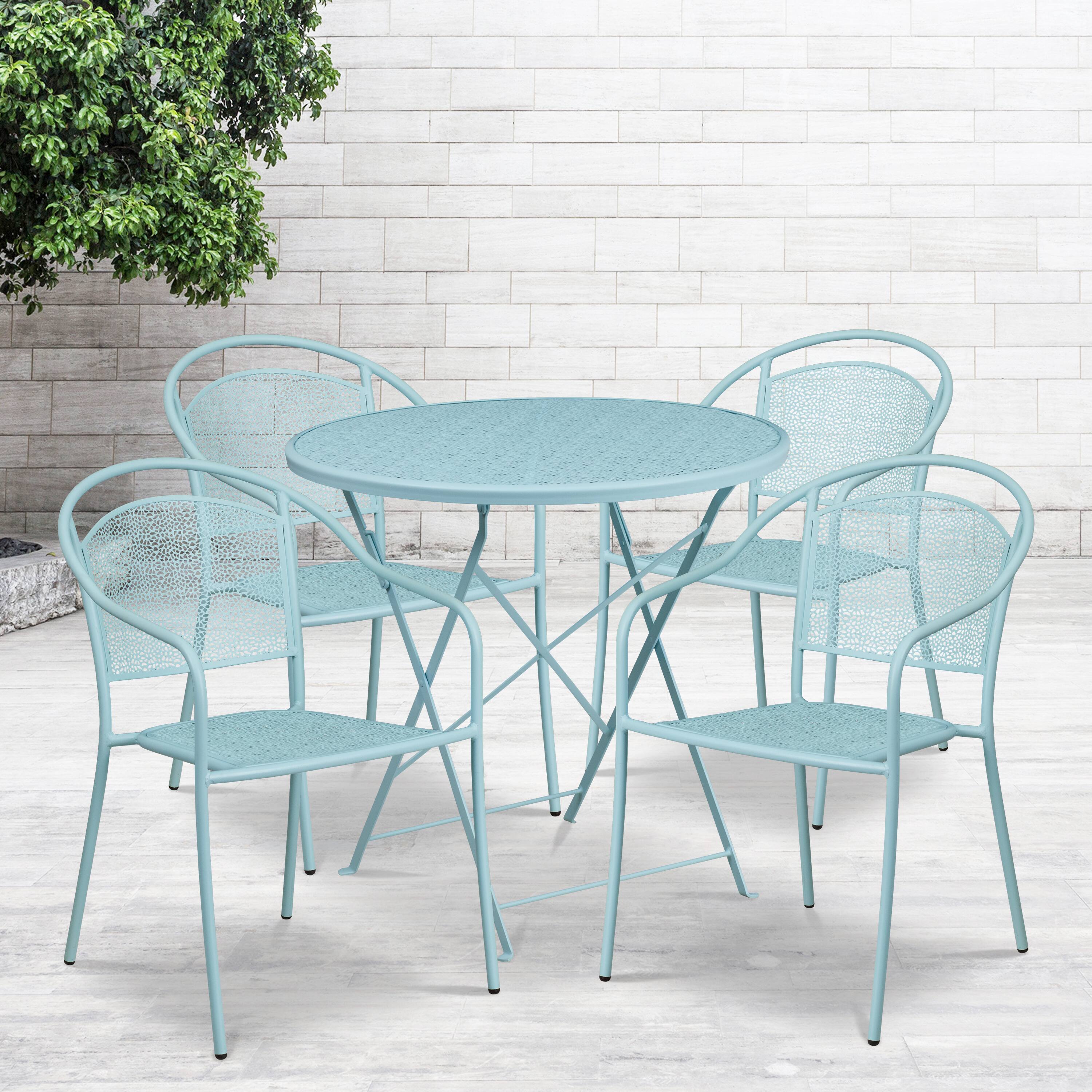 Alt View 1. Emma + Oliver - Commercial Grade 30" Round Metal Folding Patio Table Set w/ 4 Round Back Chairs - Sky Blue.