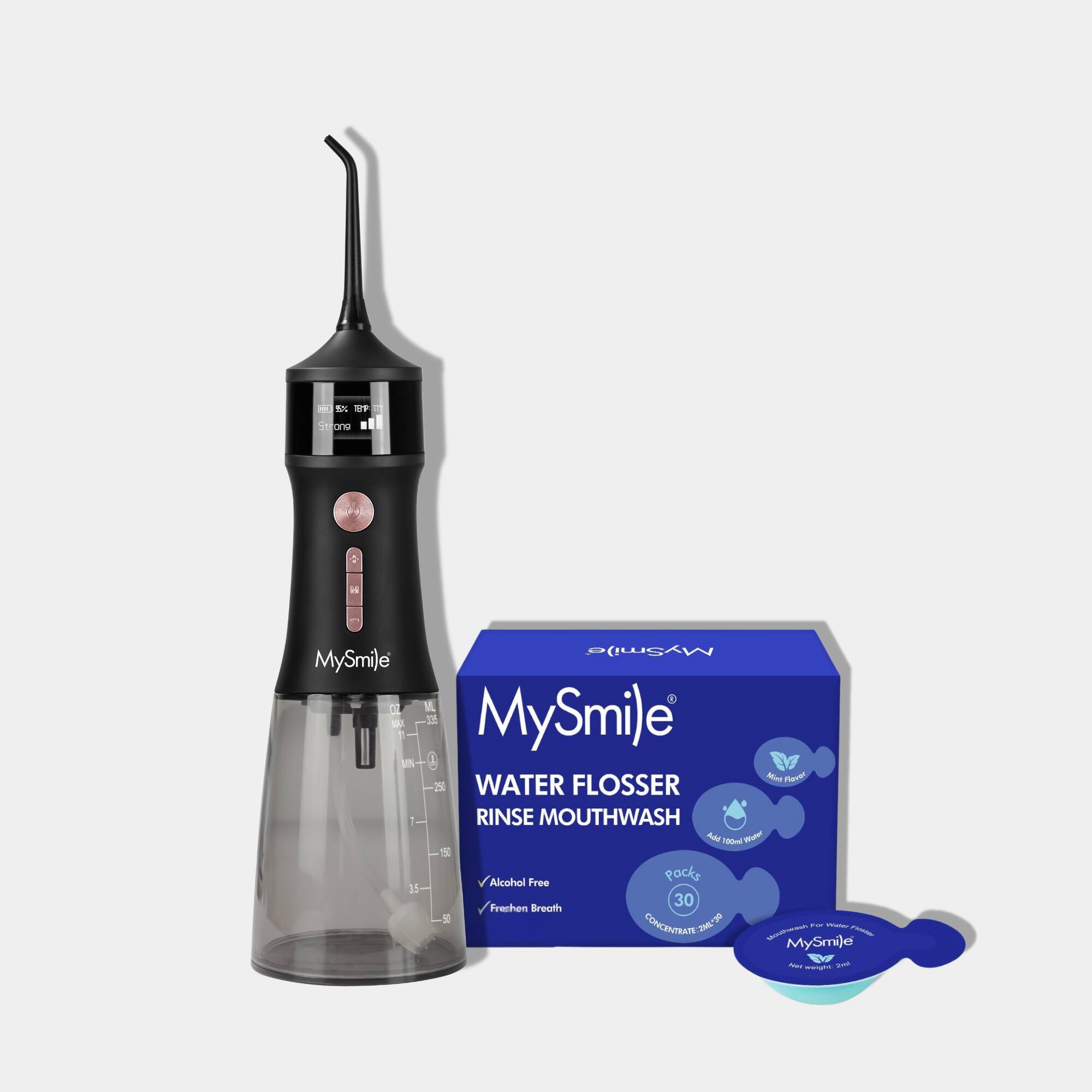 MySmile - LP221 Cordless UVC Sterilizable Water Flosser with 30 Concentrate Mouthwash Pods Bundle - Black