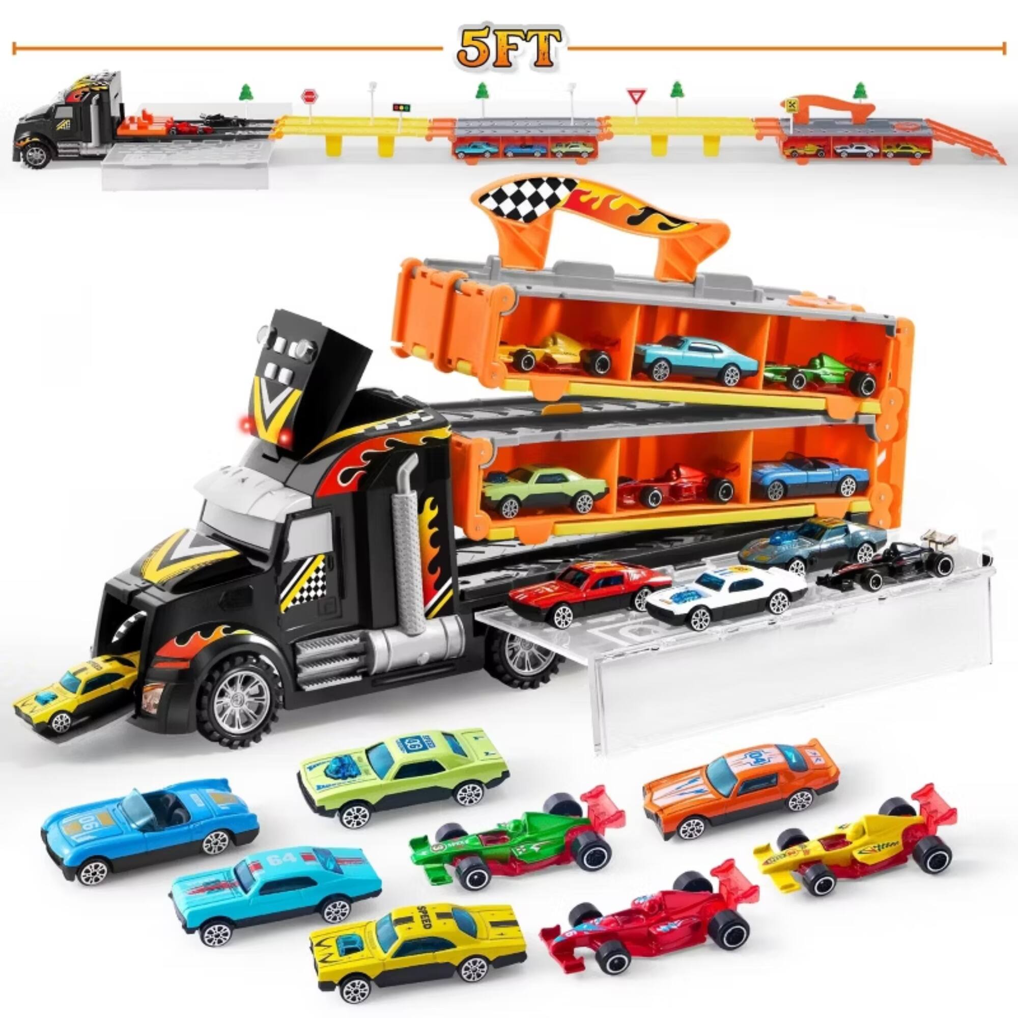 Angle. Joyfy - Toy Truck for Kids, Racing Car with Lights Sounds, Foldable Track Carrier Truck Toy, Birthday Gift for Boys Girls 2 3 4.
