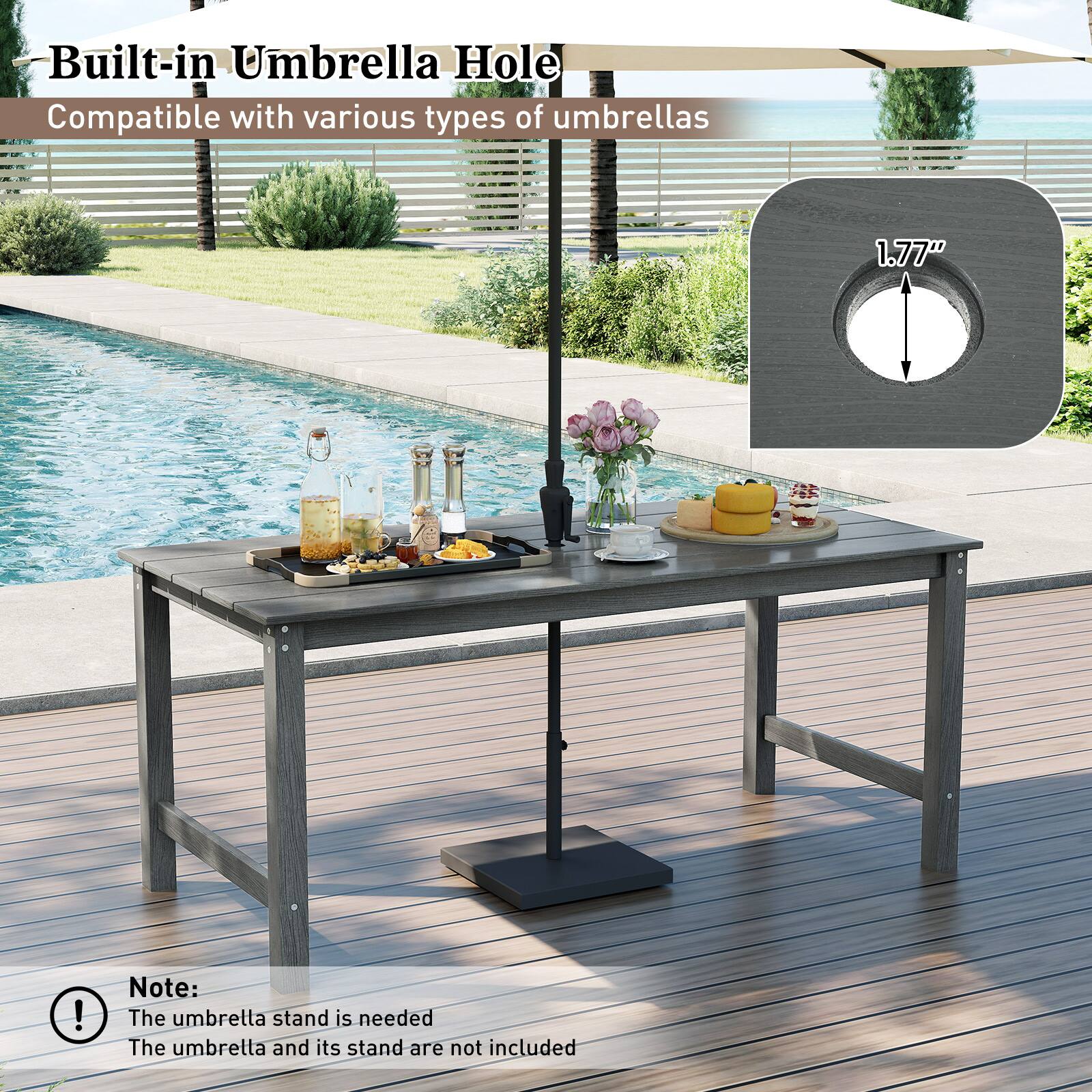Built-in Umbrella Hole  
Compatible with various types of umbrellas  

1.77"  

Note:  
The umbrella stand is needed  
The umbrella and its stand are not included