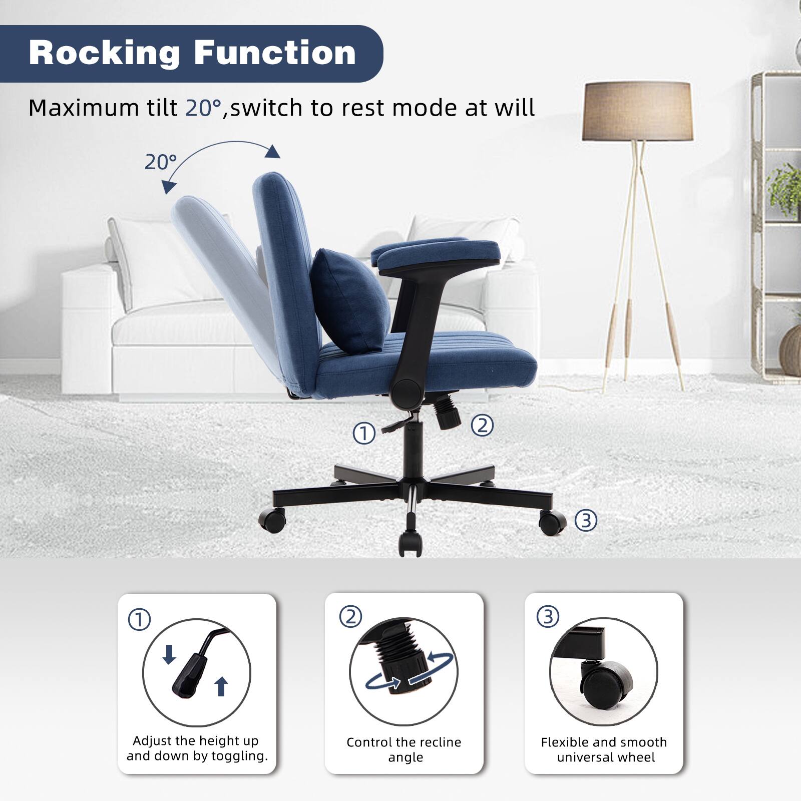 Rocking Function  
Maximum tilt 20°, switch to rest mode at will  

1. Adjust the height up and down by toggling.  
2. Control the recline angle.  
3. Flexible and smooth universal wheel.