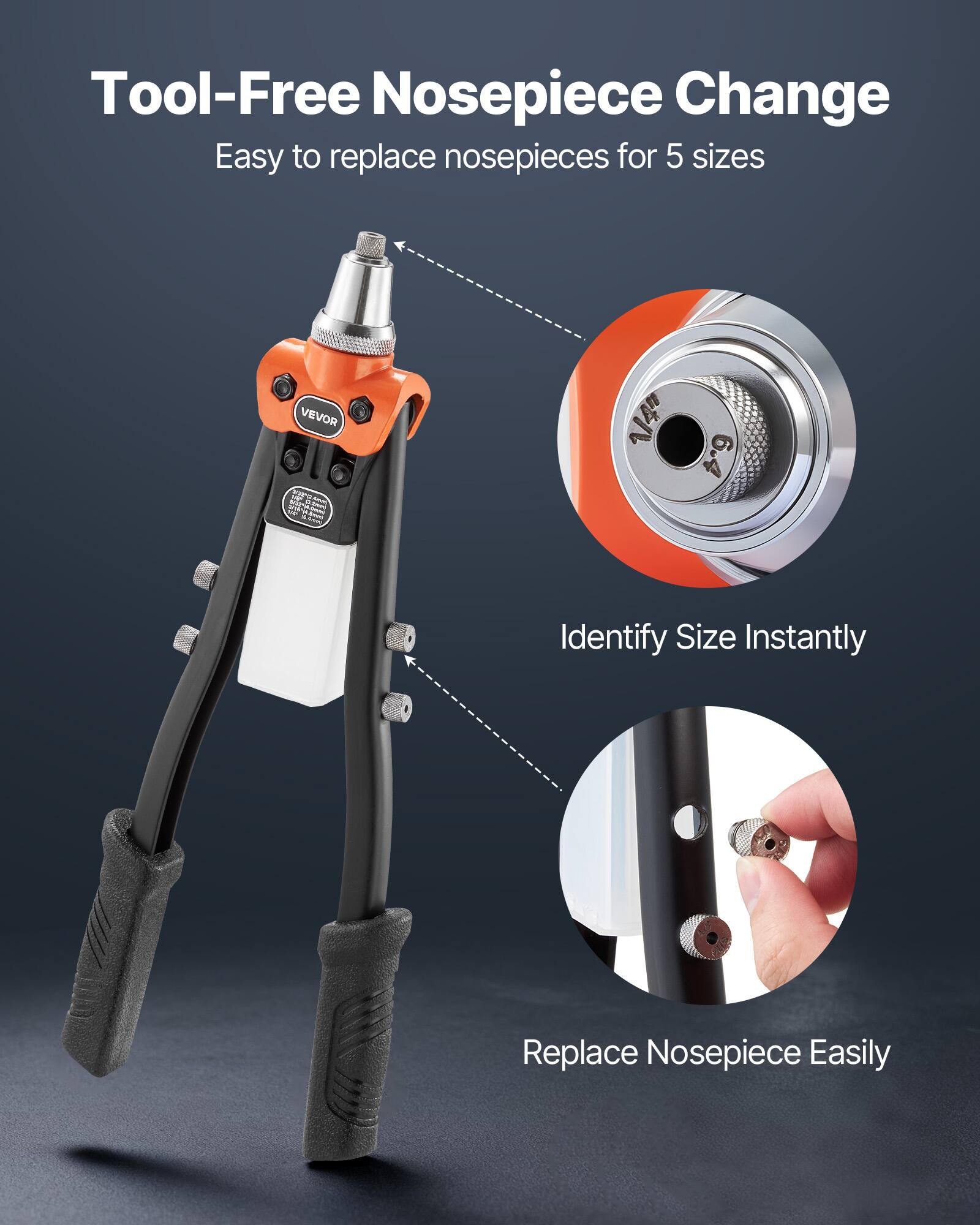 Tool-Free Nosepiece Change  
Easy to replace nosepieces for 5 sizes  

Identify Size Instantly  

Replace Nosepiece Easily