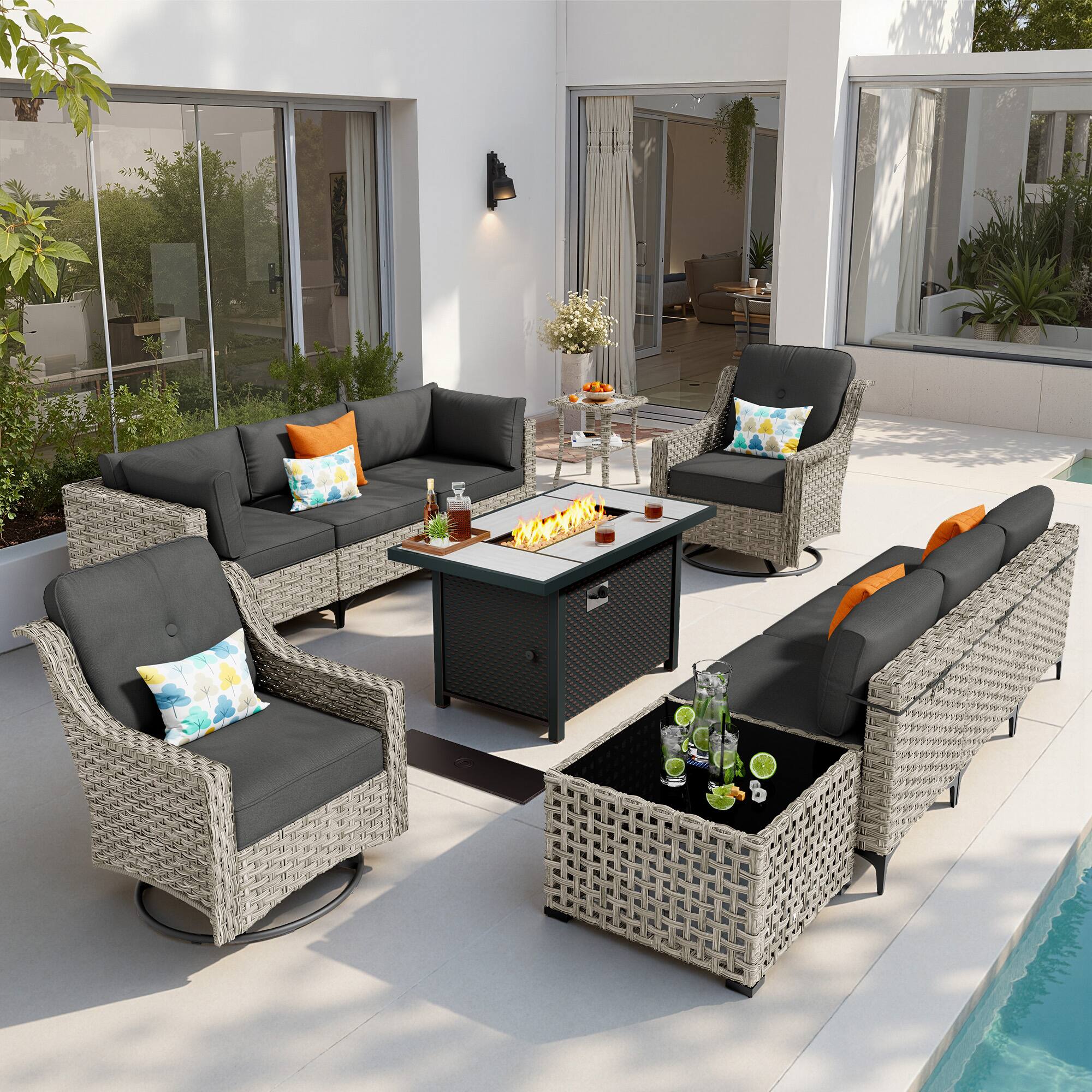 Ovios - 11 PCS Patio Furniture Sectional Sofa Set with Swivel Chair Coffee Table & 42" Firepit Table - Black