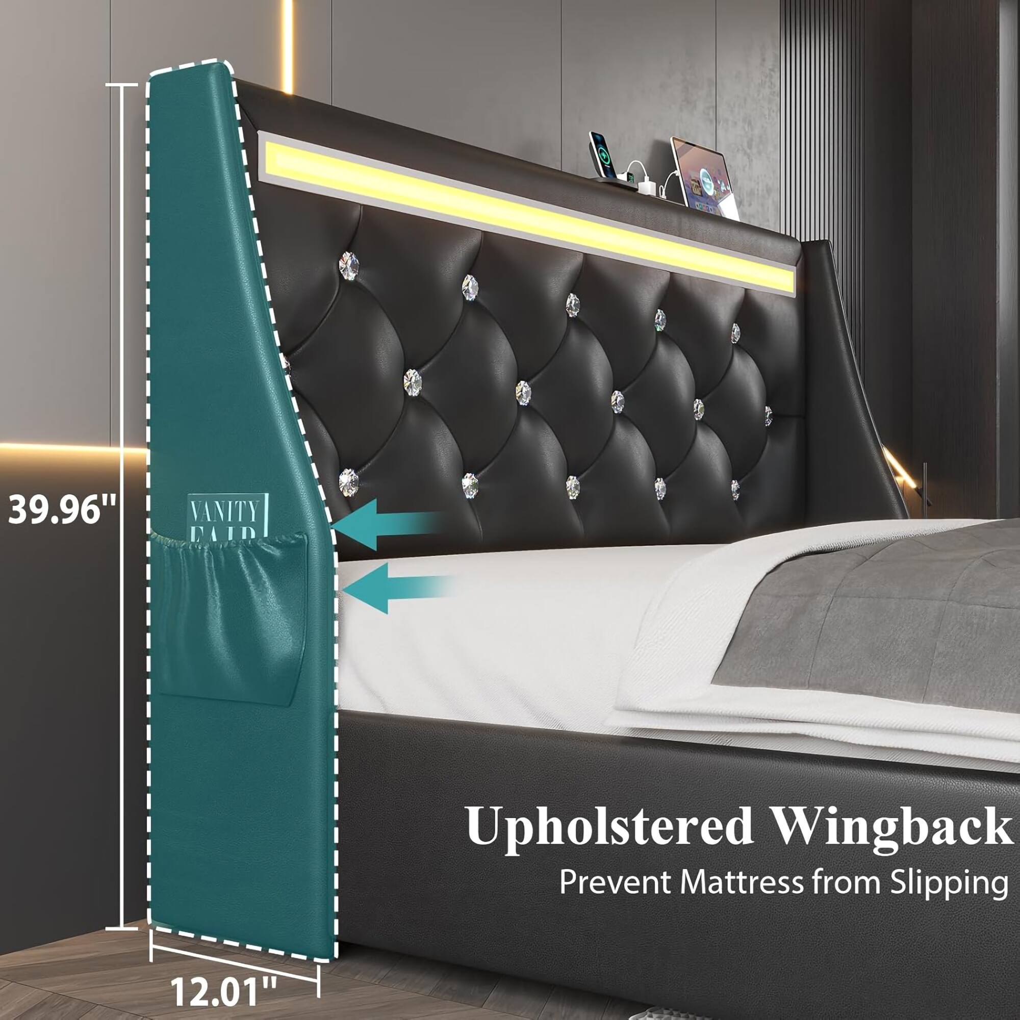 39.96" Vanity Lair Upholstered Wingback Prevent Mattress from Slipping 12.01"