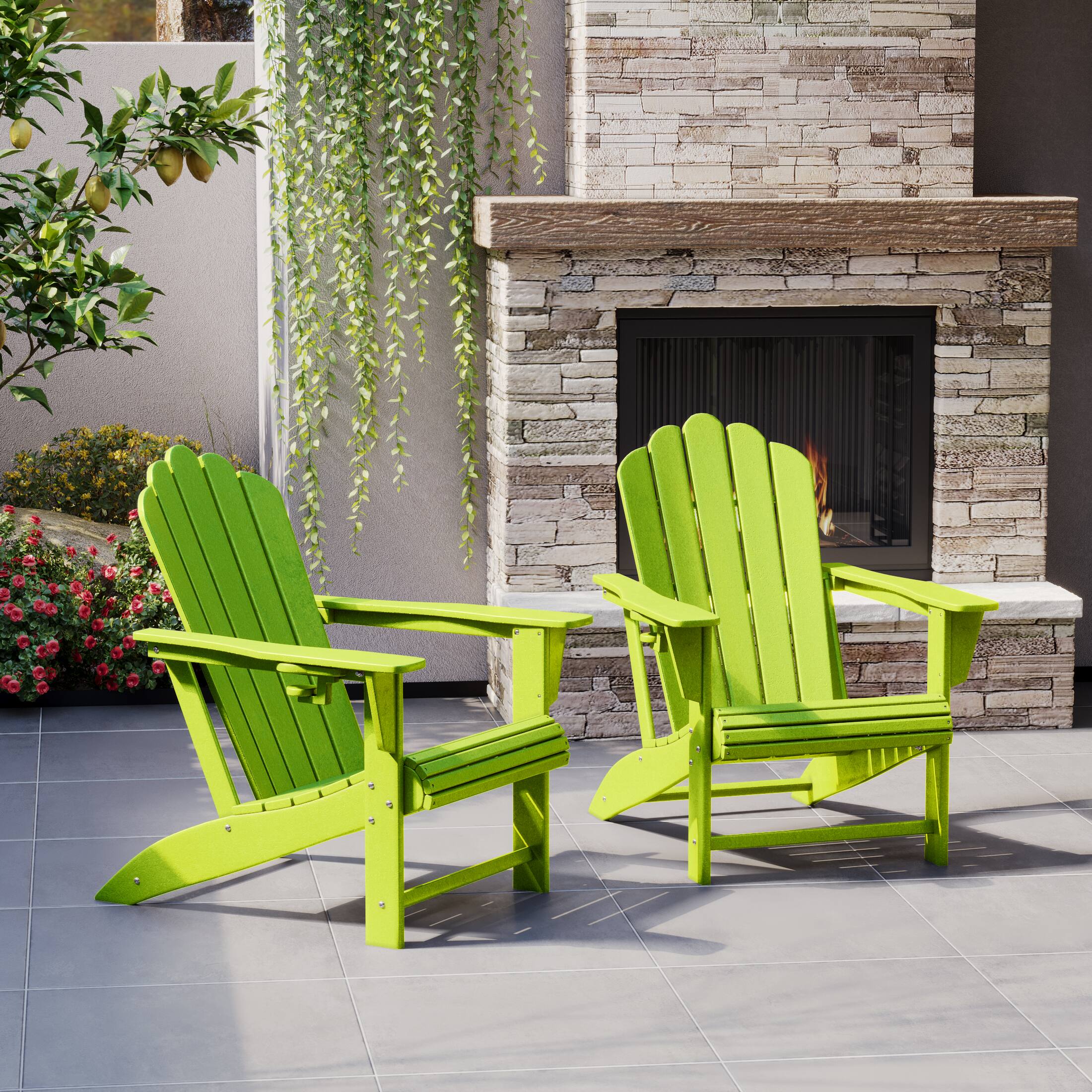 Angle. WestinTrends - WestinTrends Highland Outdoor Patio HDPE Adirondack Chairs With Cup Holders (Set of 2) - Lime.