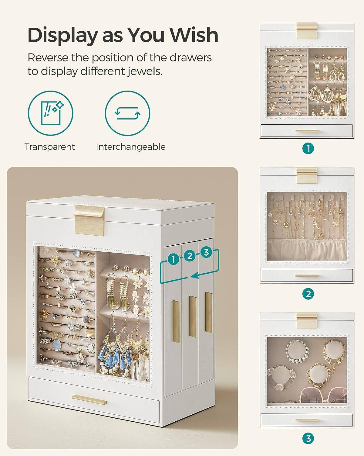 Display as You Wish

Reverse the position of the drawers to display different jewels.

Transparent  
Interchangeable