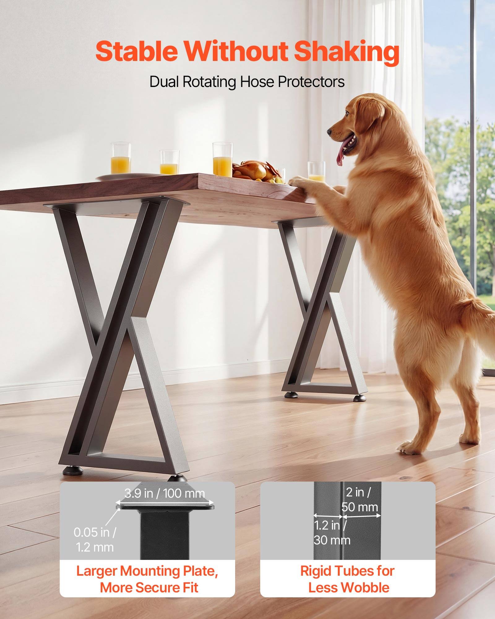 Stable Without Shaking  
Dual Rotating Hose Protectors  

3.9 in / 100 mm  
0.05 in / 1.2 mm  

Larger Mounting Plate, More Secure Fit  

2 in / 50 mm  
1.2 in / 30 mm  

Rigid Tubes for Less Wobble