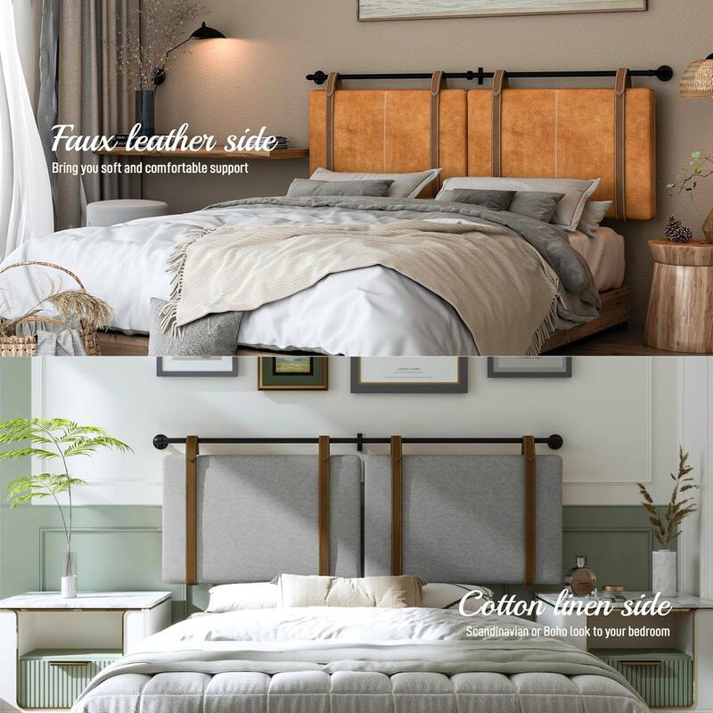 Faux leather side  
Bring you soft and comfortable support  

Cotton linen side  
Scandinavian or Boho look to your bedroom