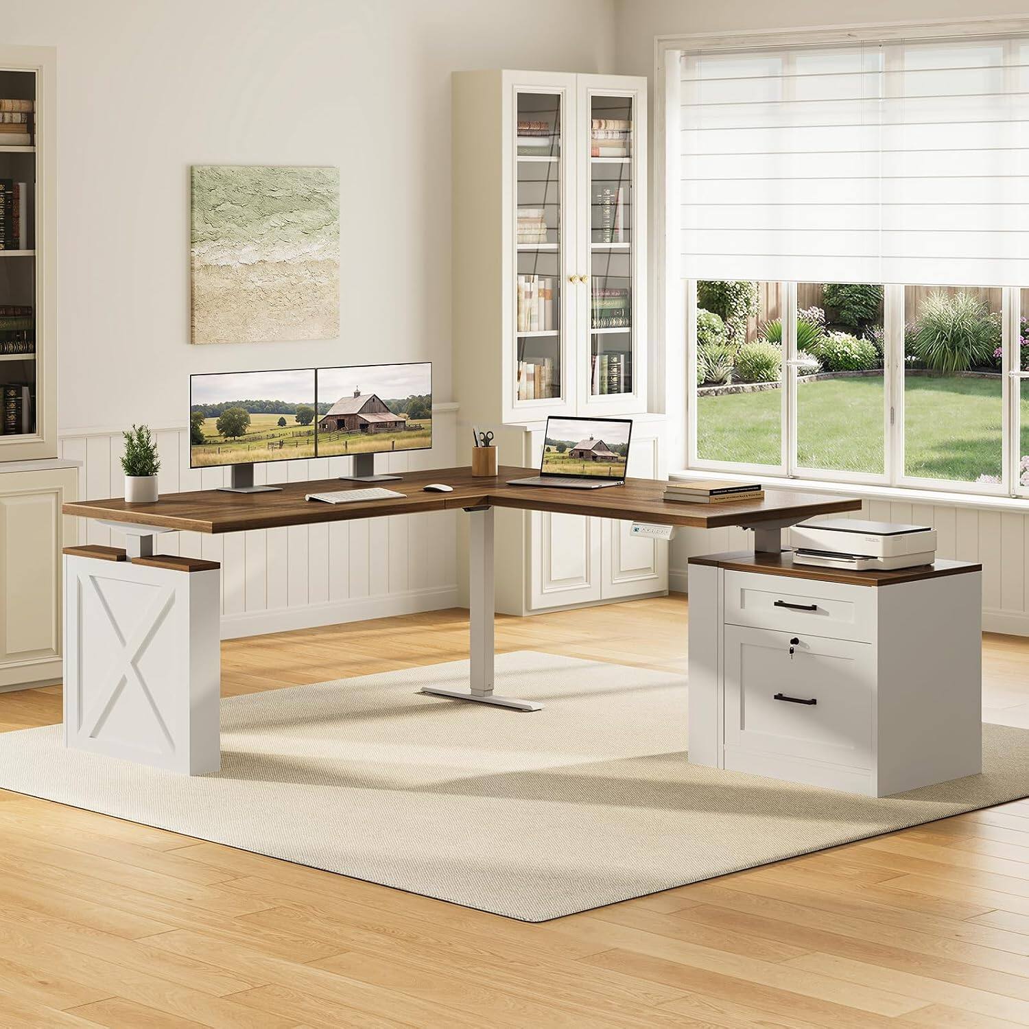 Alt View 4. OffiGo - Farmhouse L-Shaped Standing Desk with Storage Cabinet & Decorative Legs, Electric Height Adjustable Workstation - Walnut/White.