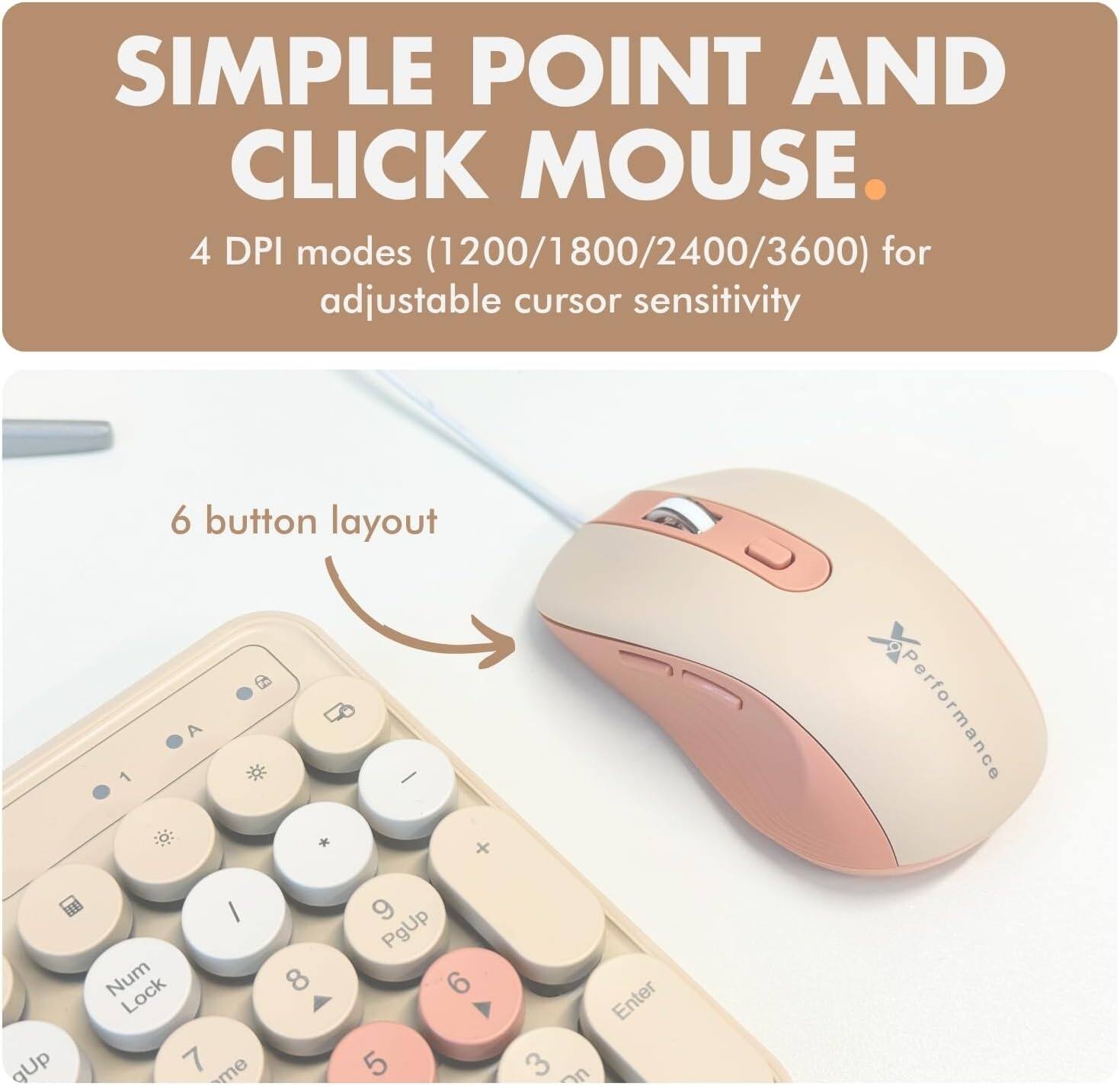 SIMPLE POINT AND CLICK MOUSE. 4 DPI modes (1200/1800/2400/3600) for adjustable cursor sensitivity. 6 button layout.